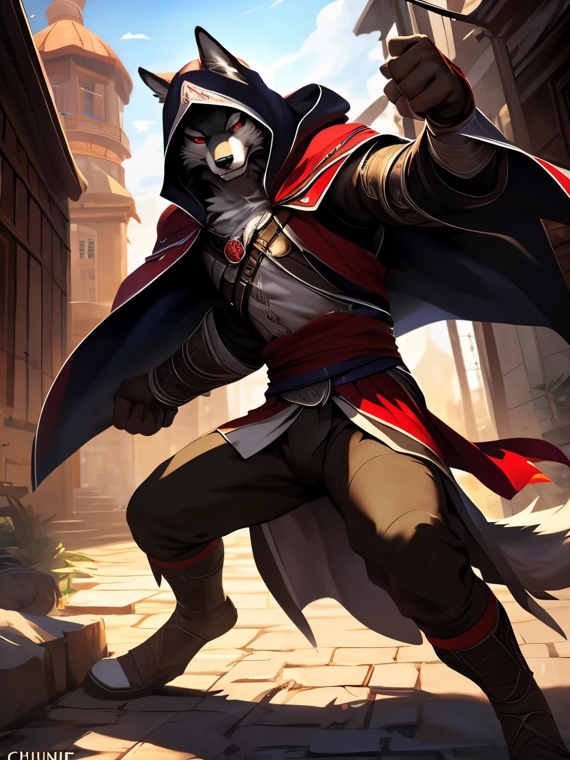 4k, ,8K, A high resolution, best quality, perfect colors, perfect shadows, perfect lighting, posted on e621, (by Chunie, by canyne khai, by t.y.starale), male, furry, Wolf anthro, solo, (Wolf Tail) white fur, Red eyes, (Realistic eye details 1.2), Assassin's creed suit wear, white assassin robe, hidden blades, equip dual hidden blade's, Assassin's Creed style cape, blade's in hand, fighting pose, fighting, in a panoramic view, abs, masterpiece, Slim body, full body like, walking through a burning Rain City, dramatic lighting, soft lighting, day, highly detail, Hair coiled, a sharp gaze, a gaze of killing intent, smiled slyly, fit body, perfect male figure, Detailed fur, Detailed face, (Complex), (Super Detail), (Ultra Clear), (Best Quality)
