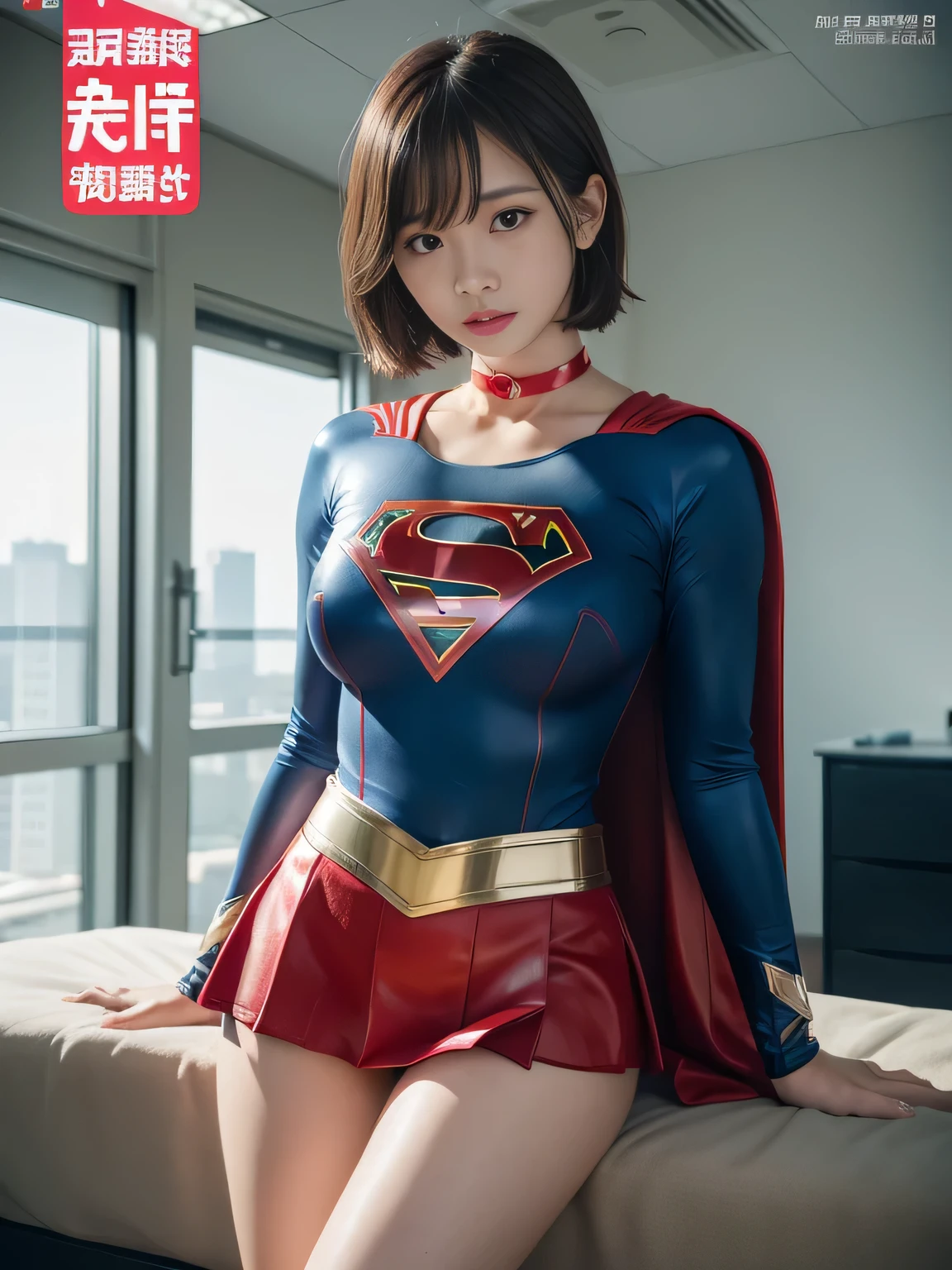 masterpiece、supergirl costume、short hair、barefoot、big and full breasts、test subject、operating room、operating table、Crisis situation、straddle、flowing sweat、shiny、look at the camera、sense of abuse、Estrus、choker、Weekly magazine cover、long sleeve、red mini skirt、obscene pose、Seduce、humiliating、hindrance、
