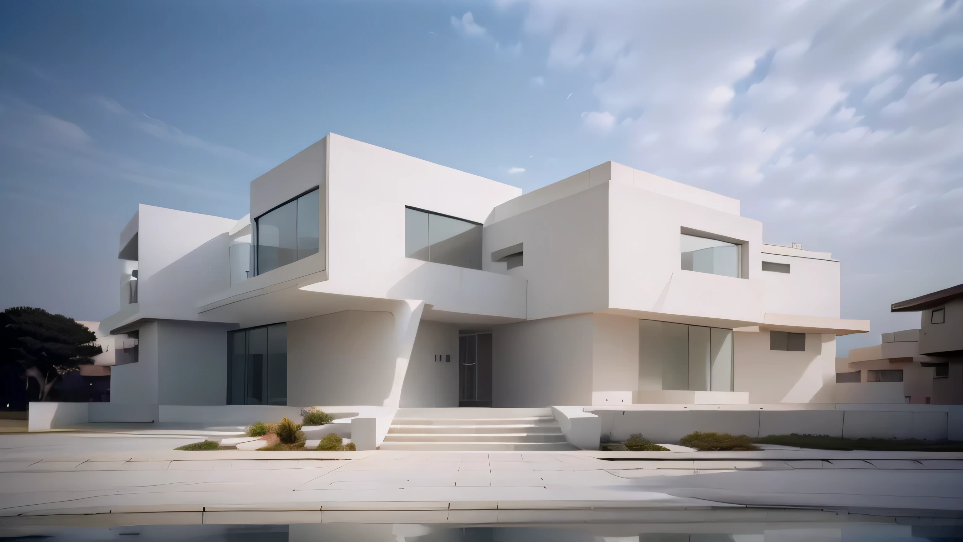 Perspective of a modern house with a large enough front yard, main materials are light yellow walls, stone and wood, a road running in front of the house, (RAW photo, real, best quality, masterpiece: 1.2), current view modern minimalist, 1 street in front of house, shime ring light, indoor brightness:1.2, dynamic lighting:1.3, (hyper-realistic, photo-realistic:1.2), high quality, daylight, contrast high:0.5 perfect light, Archdaily, contemporary masterpiece award, award winning contemporary, beautifully designed masterpiece, spacious modern mansion, modern neo-traditional, wide angle exterior 2022 , mid-century modern, contemporary home, stylish modern feel, long front view, award-winning modern design, stunning lines, residential, exquisite details, indoors gently:1.3