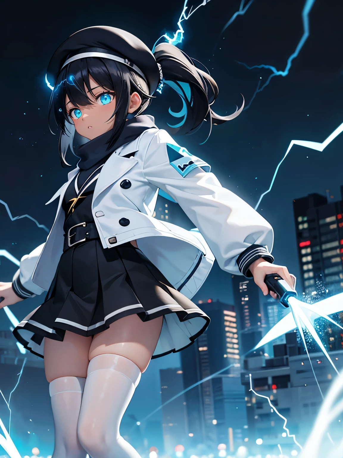 black hair, cyan eyes, ponytail, long hair, short, black shirt, black skirt, white jacket, white stockings, tomboy, outside, night, small breast, bangs, dark skin, cool, blue scarf, beret, lightning, electric, electricity, blue particles, blue aura, special effects, powerful