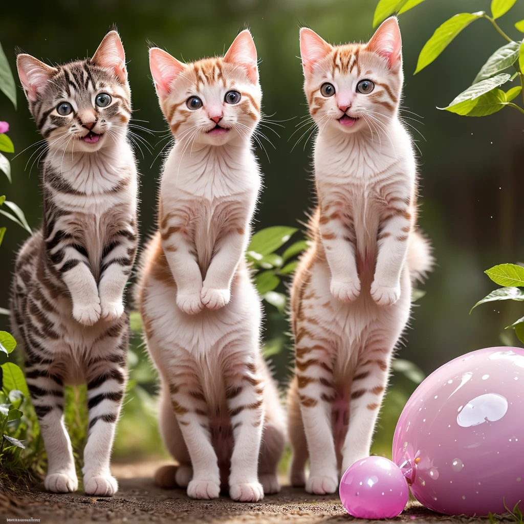 best quality,4k,8k,highres,masterpiece:1.2,ultra-detailed,realistic:1.37,Kittens playing in a fairy village,firefly-like bright twinkling lights,floating colorful butterflies,playful fairies with shimmering wings,enchanted mushroom houses,squishy marshmallow clouds,happy and mischievous expressions,sparkling eyes and cute pink noses,fluffy fur with delicate patterns,ubiquitous rainbows in the back ground,soft sunlight casting a warm glow,fresh dew drops on the leaves,delightful laughter and playful purring,chasing and meowing,excitement and joy in the air