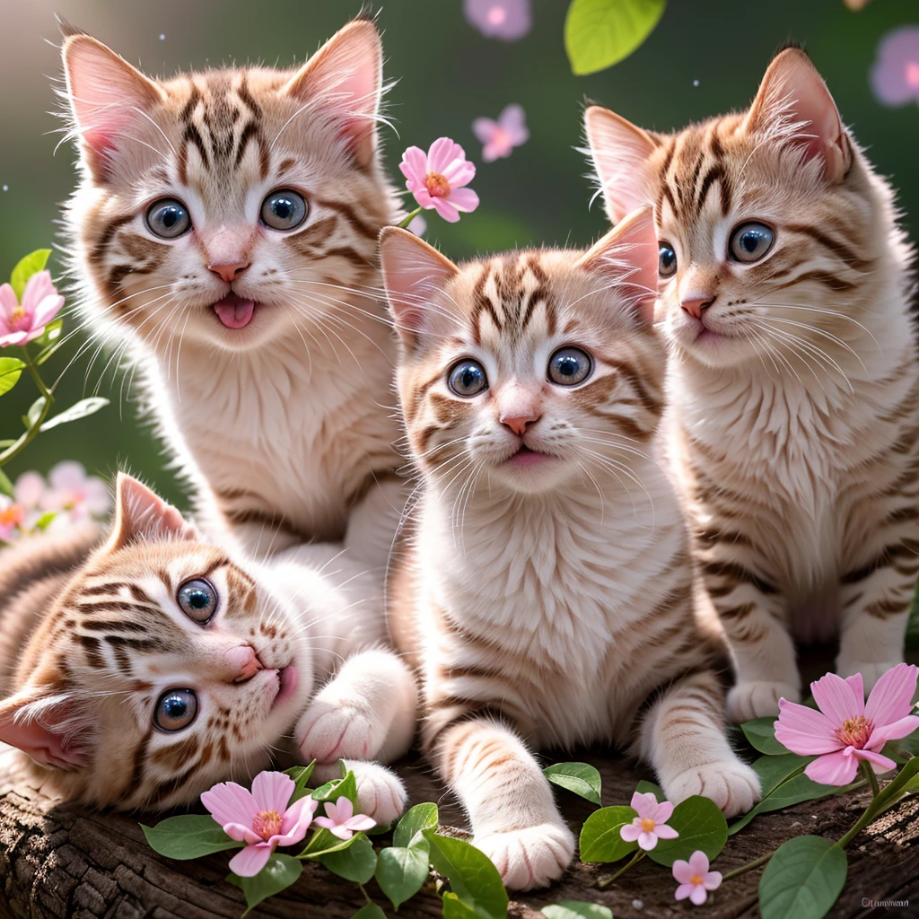 best quality,4k,8k,highres,masterpiece:1.2,ultra-detailed,realistic:1.37,Kittens playing in a fairy village,firefly-like bright twinkling lights,floating colorful butterflies,playful fairies with shimmering wings,enchanted mushroom houses,squishy marshmallow clouds,happy and mischievous expressions,sparkling eyes and cute pink noses,fluffy fur with delicate patterns,ubiquitous rainbows in the back ground,soft sunlight casting a warm glow,fresh dew drops on the leaves,delightful laughter and playful purring,chasing and meowing,excitement and joy in the air