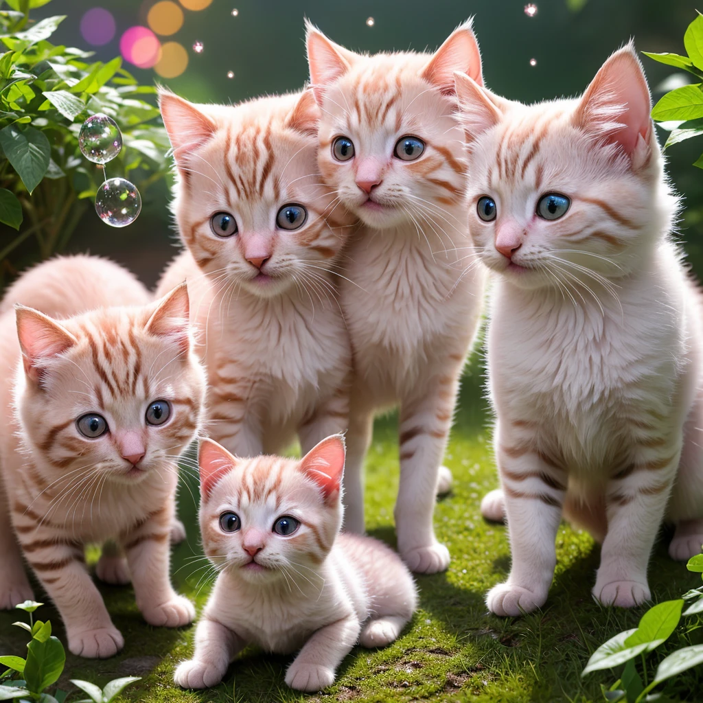 best quality,4k,8k,highres,masterpiece:1.2,ultra-detailed,realistic:1.37,Kittens playing in a fairy village,firefly-like bright twinkling lights,floating colorful butterflies,playful fairies with shimmering wings,enchanted mushroom houses,squishy marshmallow clouds,happy and mischievous expressions,sparkling eyes and cute pink noses,fluffy fur with delicate patterns,ubiquitous rainbows in the back ground,soft sunlight casting a warm glow,fresh dew drops on the leaves,delightful laughter and playful purring,chasing and meowing,excitement and joy in the air