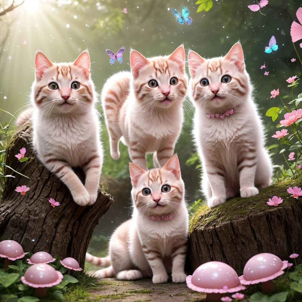 best quality,4k,8k,highres,masterpiece:1.2,ultra-detailed,realistic:1.37,Kittens playing in a fairy village,firefly-like bright twinkling lights,floating colorful butterflies,playful fairies with shimmering wings,enchanted mushroom houses,squishy marshmallow clouds,happy and mischievous expressions,sparkling eyes and cute pink noses,fluffy fur with delicate patterns,ubiquitous rainbows in the back ground,soft sunlight casting a warm glow,fresh dew drops on the leaves,delightful laughter and playful purring,chasing and meowing,excitement and joy in the air