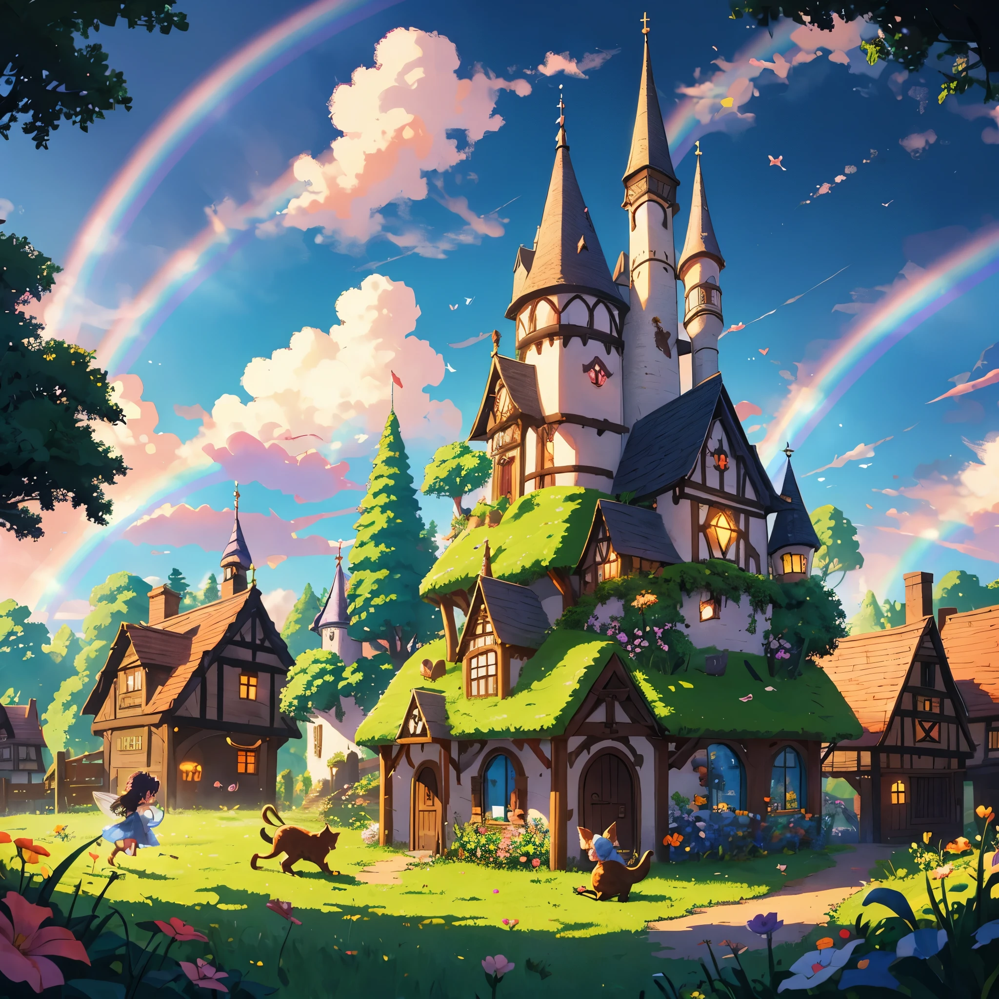 Kittens playing in a fairy village chasing and eating fairies. Rainbows in the back ground.