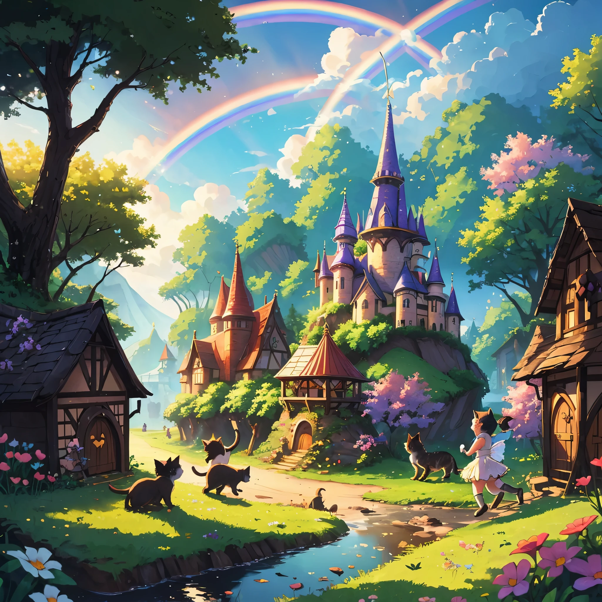 Kittens playing in a fairy village chasing and eating fairies. Rainbows in the back ground.