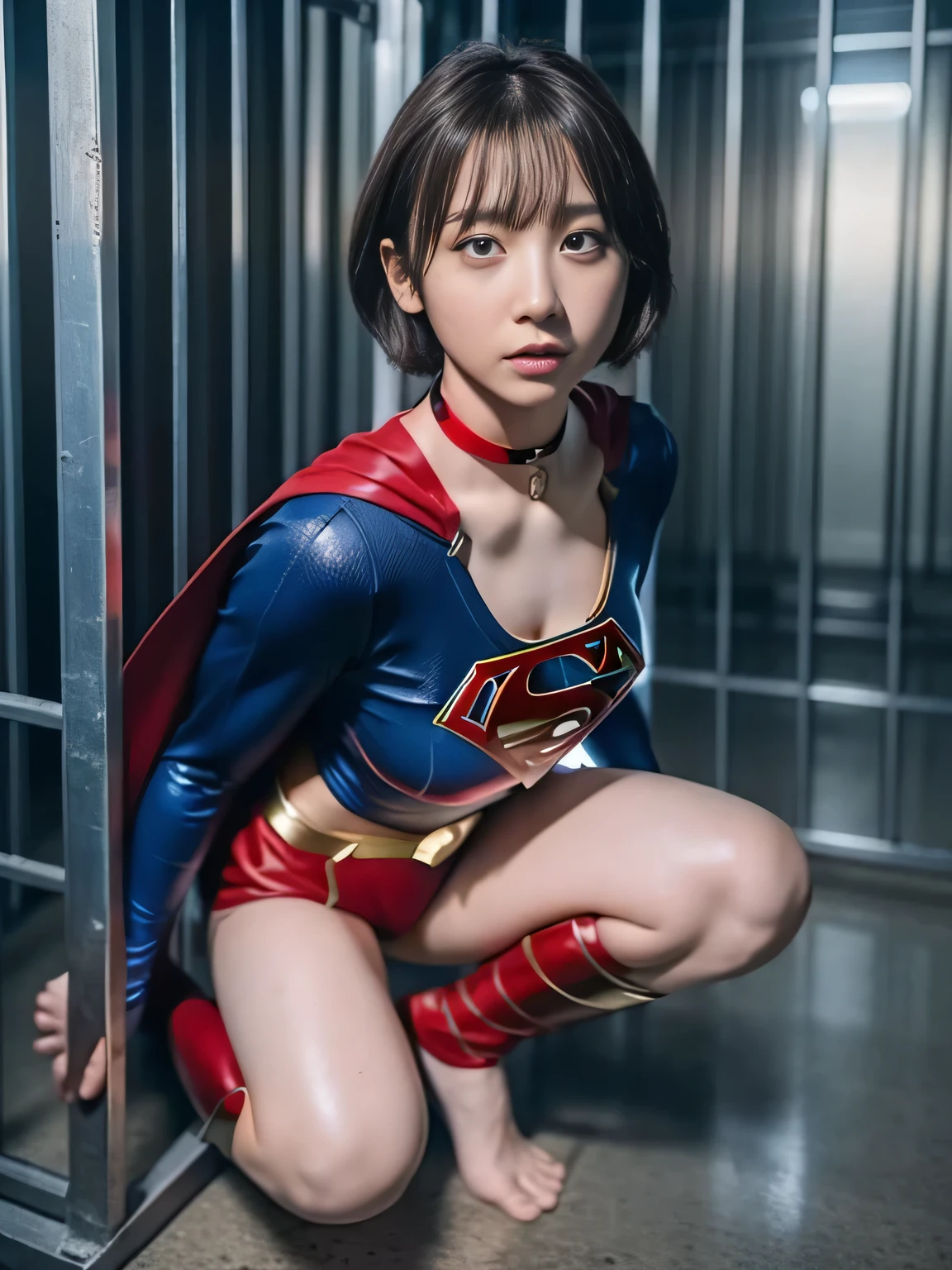 masterpiece、supergirl costume、short hair、barefoot、big and full breasts、Crisis situation、Complete surrender、prison、in a cage、sense of abuse、kneel down、sweaty、shiny、looking at camera、Seduce、choker、long sleeve、red sexy pose、POW camps、humiliating、