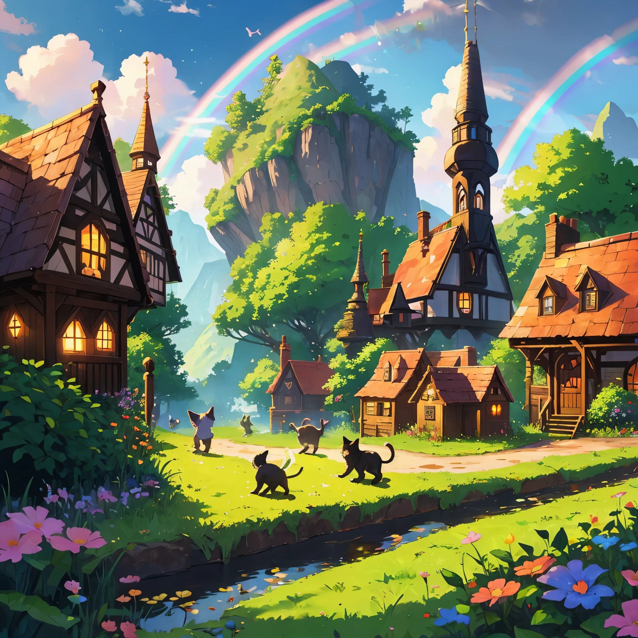 Kittens playing in a fairy village chasing and eating fairies. Rainbows in the back ground.