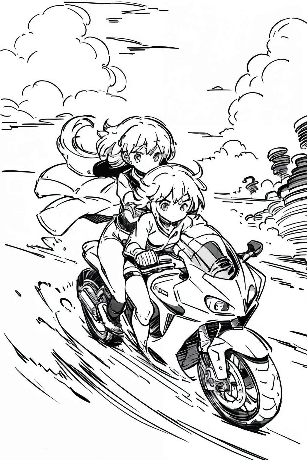 A girl,motorcycle, Cool, Sketch, Focus on the main character, Adventure scenes, Barren Gobi.An exaggerated expression of action, Panoramic view, An exaggerated action,Whole body, black line sketch, white background