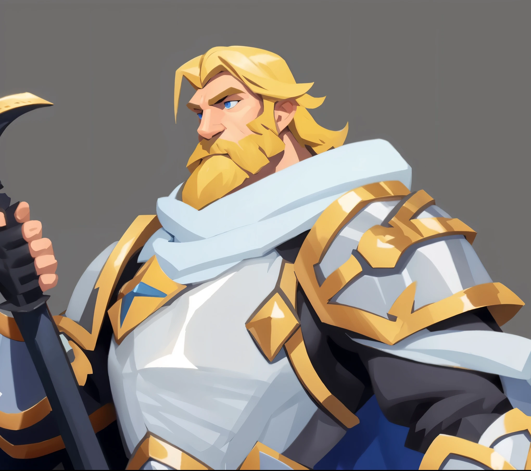 concept art, european cartoon, game character design, avatar, 1 person, paladin, paladin, solo, beard, detail, blue eyes, mature male, male focus, beard, armor, skinny, assassin, full body, blonde, fine Thin muscular, middle-aged man, strong, white cloak, shoulder armor, breastplate, standing, dark hair, holding a big sword, a huge sword