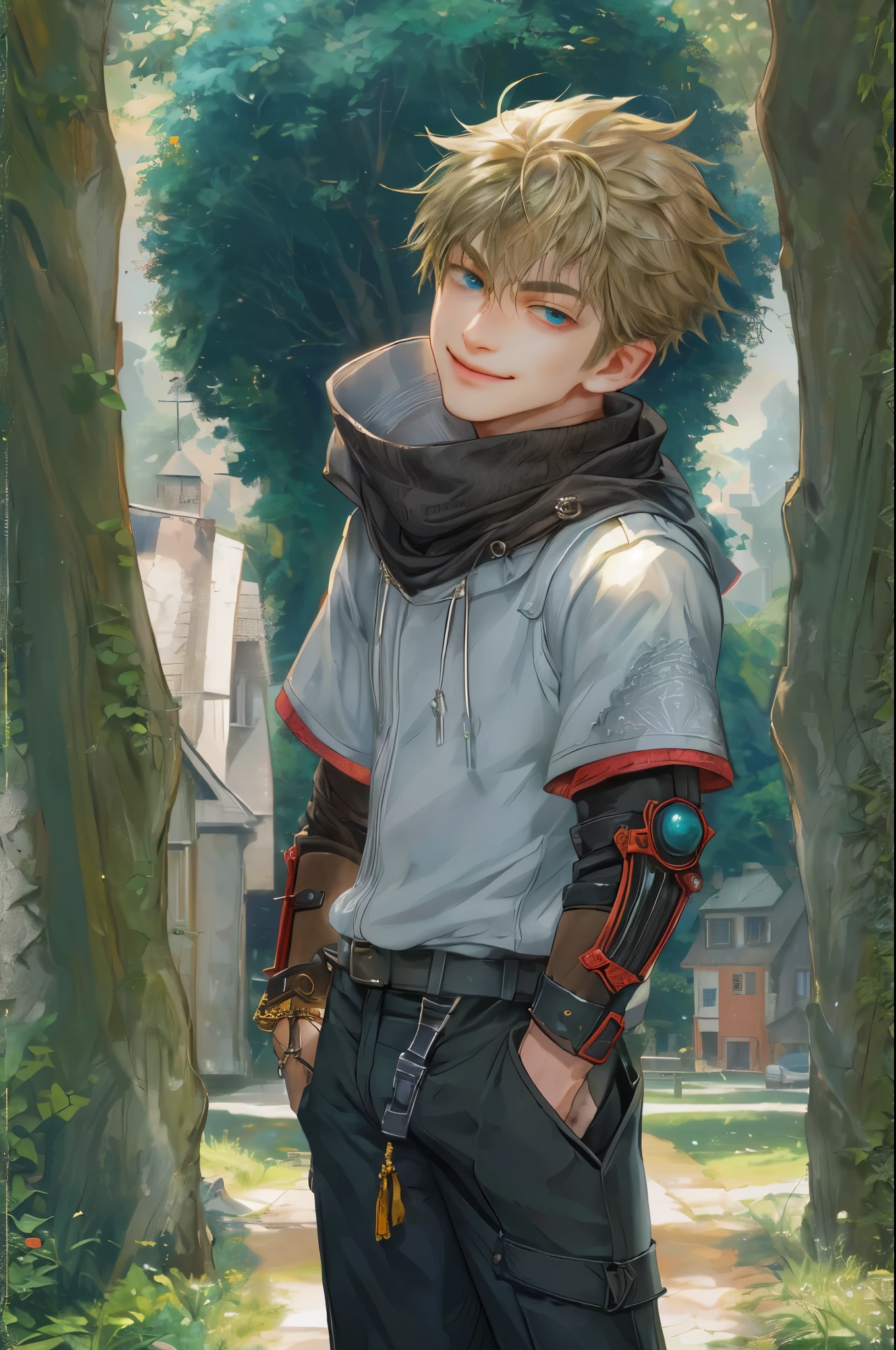 ((absurdres, highres, ultra detailed, perfect face), 1 boy , front view, young boy, handsome boy villain character from Final Fantasy VII, short hair, anime eyes, casual clothes with colorful details, eyes on the viewer, add red details to picture and smirk, dimples, extremely detailed CG unity 8k wallpaper, add blue details on side, intricate details and add yellow details on left, house under a giant tree background, detailed houses town scenery from a far view,