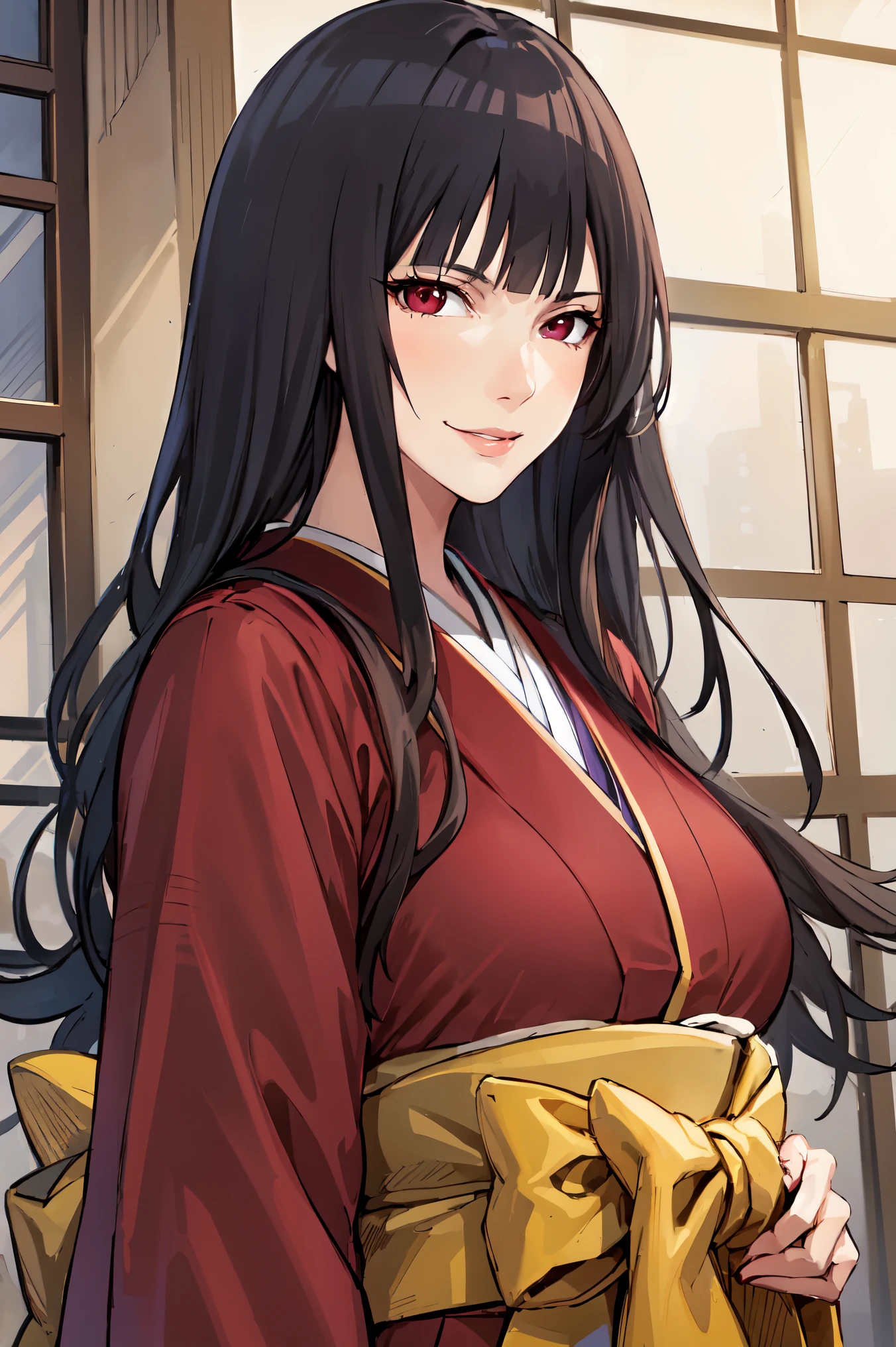 (masterpiece, best quality:1.1),1girl, mature female, bangs, long hair, smile, closed mouth, black hair, red eyes, japanese clothes, black kimono, upper body, looking at viewer