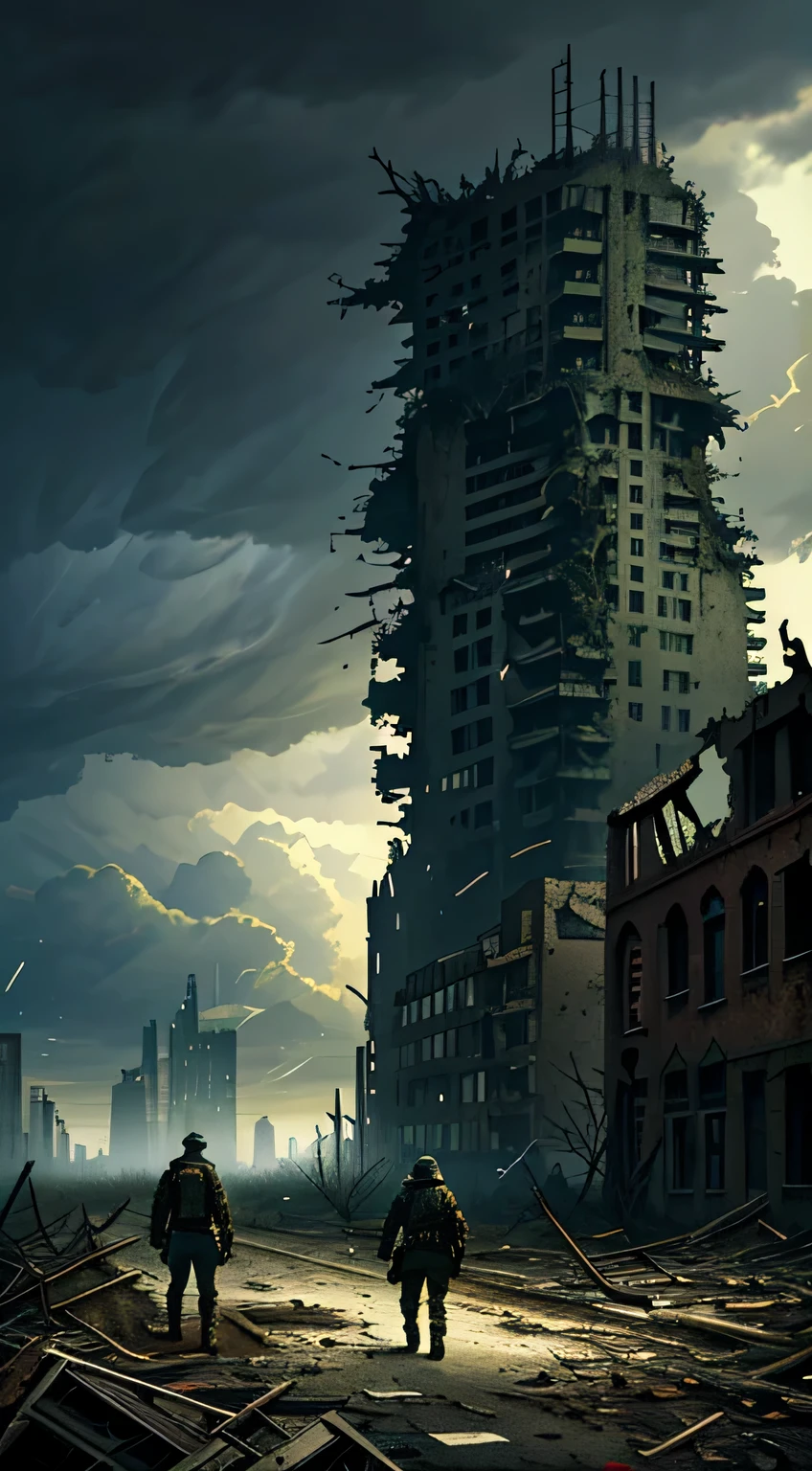masterpiece, best quality, Octane 8K rendering, actual, Highly detailed post-apocalyptic city, 1 boy, lush city, abandoned city, destroyed buildings, broken trees, storm clouds on the horizon