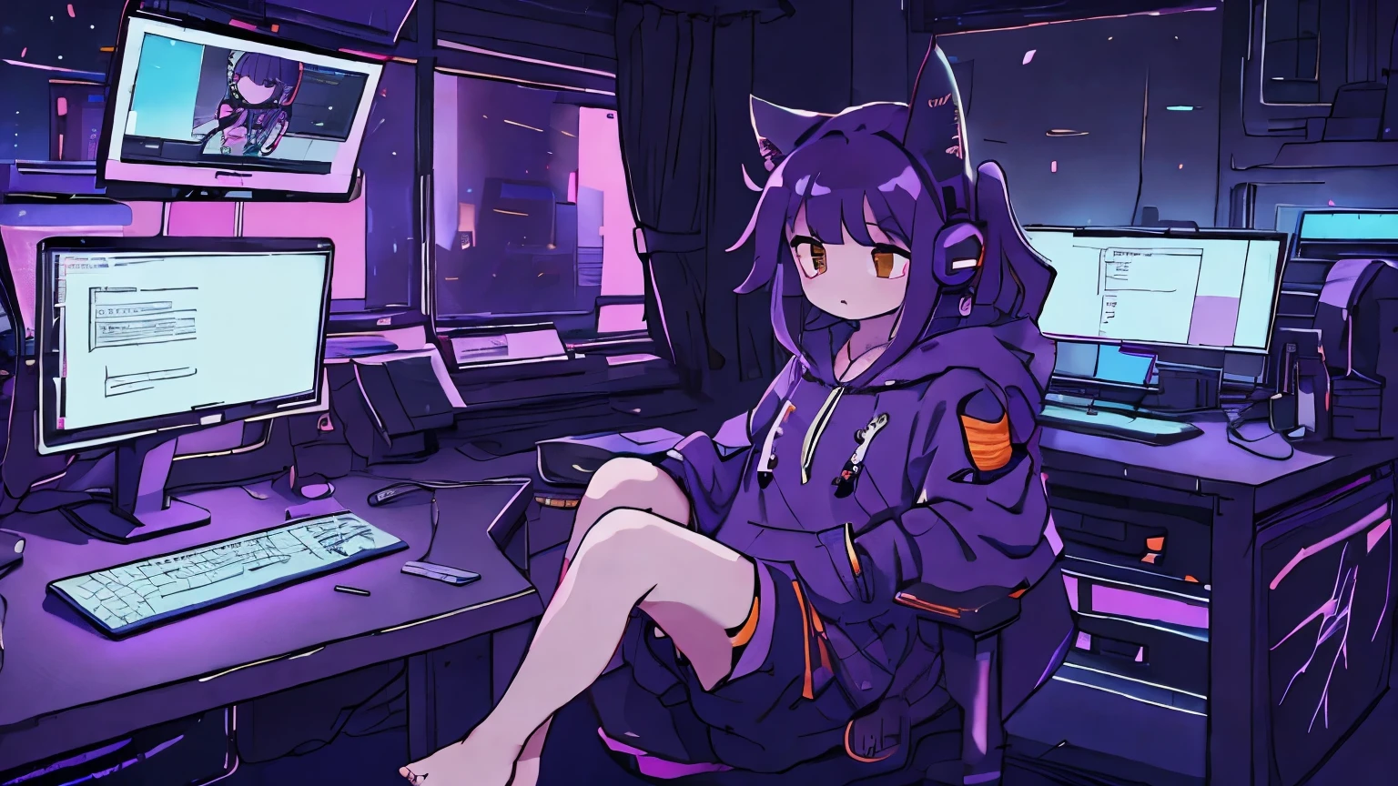 table top、highest quality、purple hair、messy hairstyle、１girl、Cat ear、wearing headphones、Orange eyes、long hoodie、sport shorts、barefoot、playing on the computer、Navigating the keyboard、Sitting in a game chair、multiple screens、inorganic room、dim room、cyber-、High resolution、complex and detailed