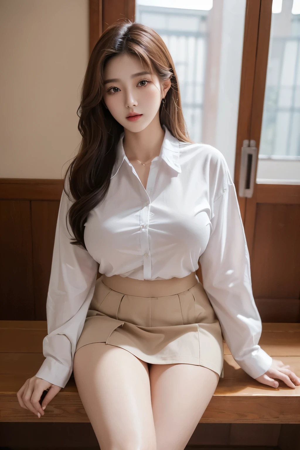 (((masterpiece))),(((high resolution)))、((beautiful woman))、(((Korean beauty)))、((beautiful woman))、(cute)、(((shirt)))、((skirt))、clothed、panties、big breasts、Plump、plump thighs、((NSFW))