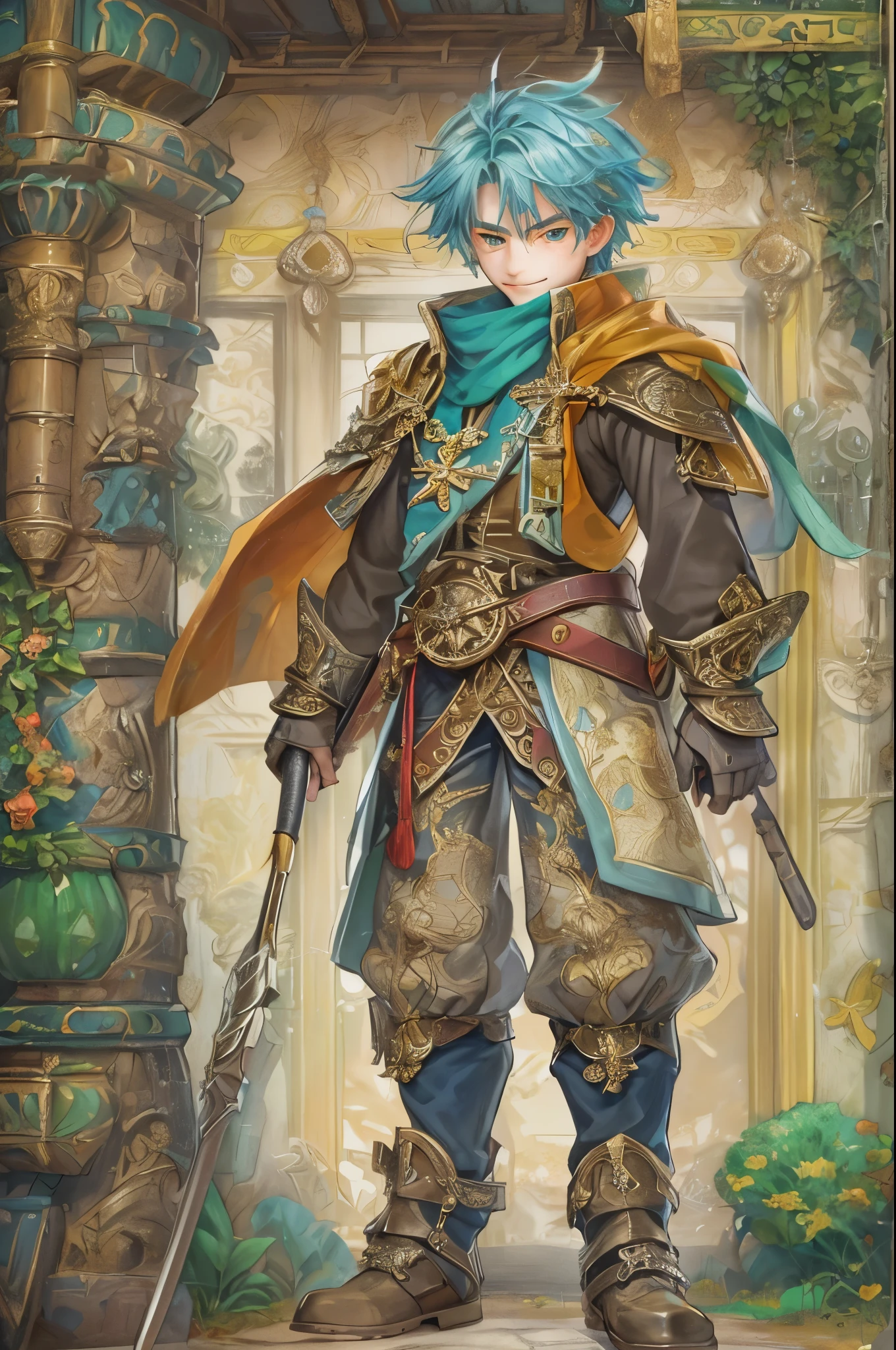 ((absurdres, highres, ultra detailed, perfect face), 1 boy , front view, young boy, handsome boy villain character from legend of mana, short hair, anime eyes, casual clothes with colorful details, eyes on the viewer, add red details to picture and smirk, dimples, extremely detailed CG unity 8k wallpaper, add blue details on side, intricate details and add yellow details on left, detailed interior item shop, weapon ornaments on walls, detailed houses town scenery on window background