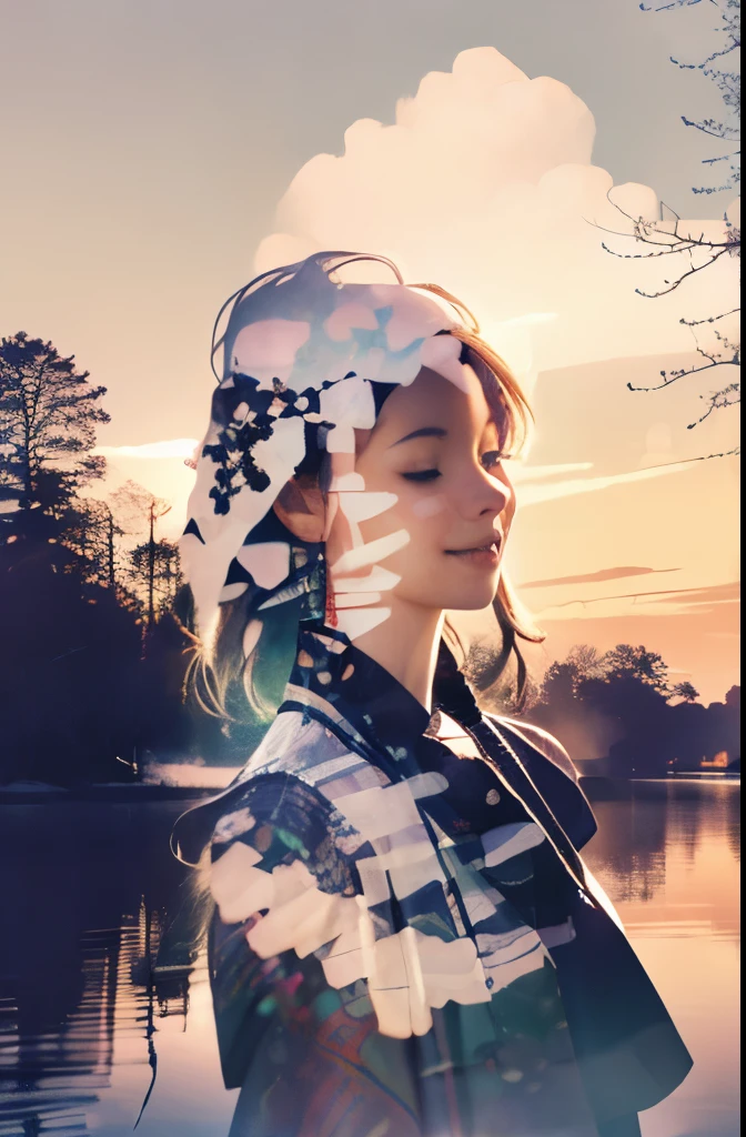 photoRealstic、((Super multiple exposure effect where the background can be seen through the clothes))、girl with、A smile、Lakeside in the background、Wonderful、towards the night view, If you leave the shutter open for a long time、create a line of light.