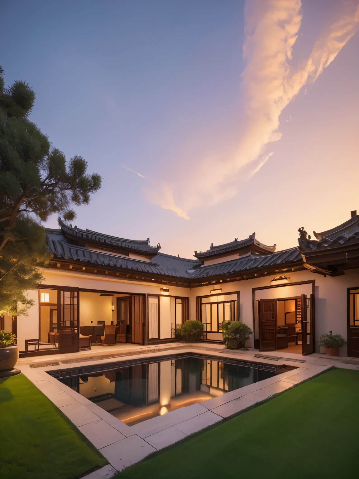 A patio,Chinese-style,Realistic,luxury,Detached villa garden,evening scene,sky clouds sunset,Excellent picture quality,8K Ultra High Definition