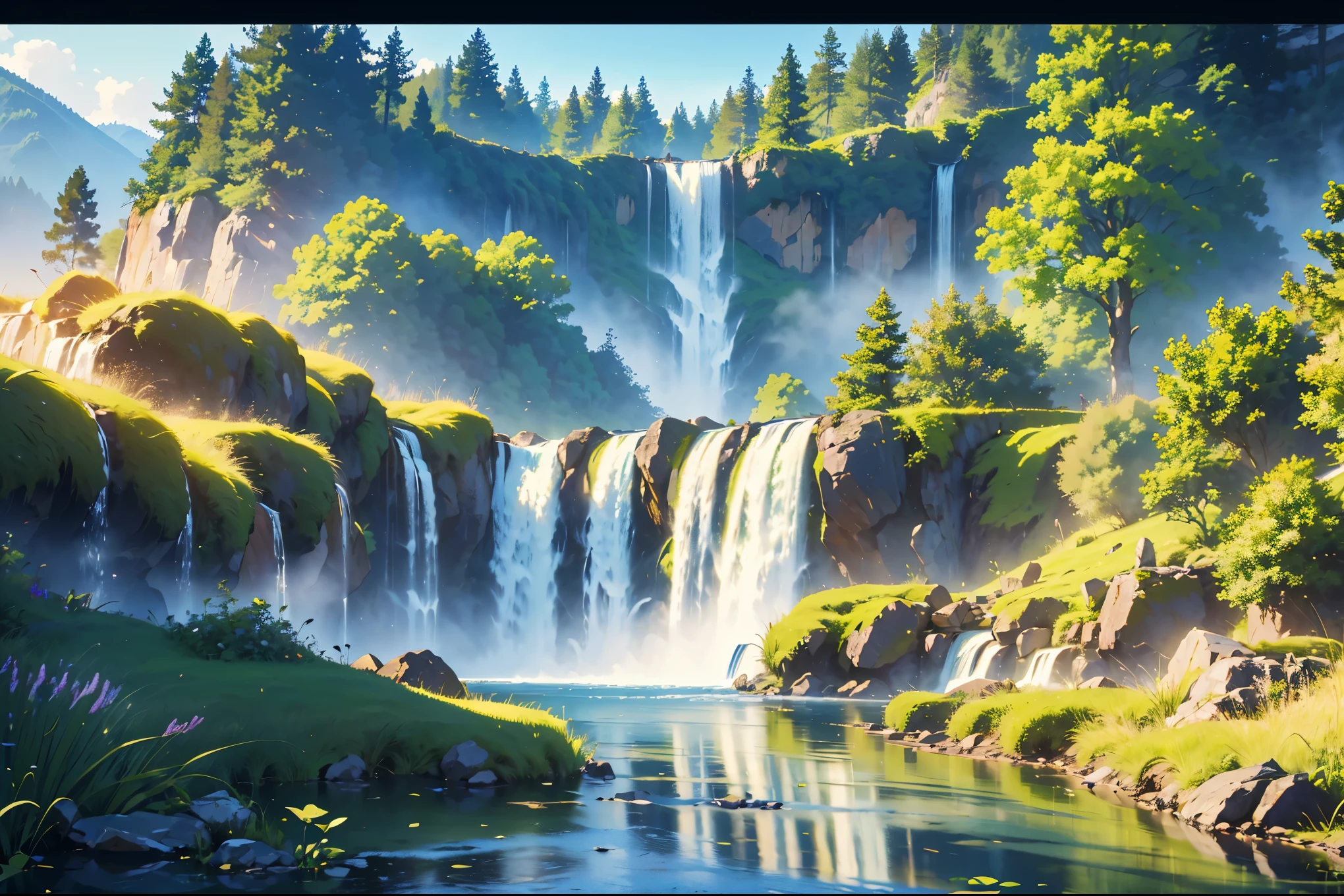 Masterpiece, Ultra High quality, 4k resolution, (A large basin sorrounded by an enormous waterfall) , Beautiful scenery, aquatic plants, [zoom out, 1man, meditating, cross legged, sitting, on a rock:1.2] 