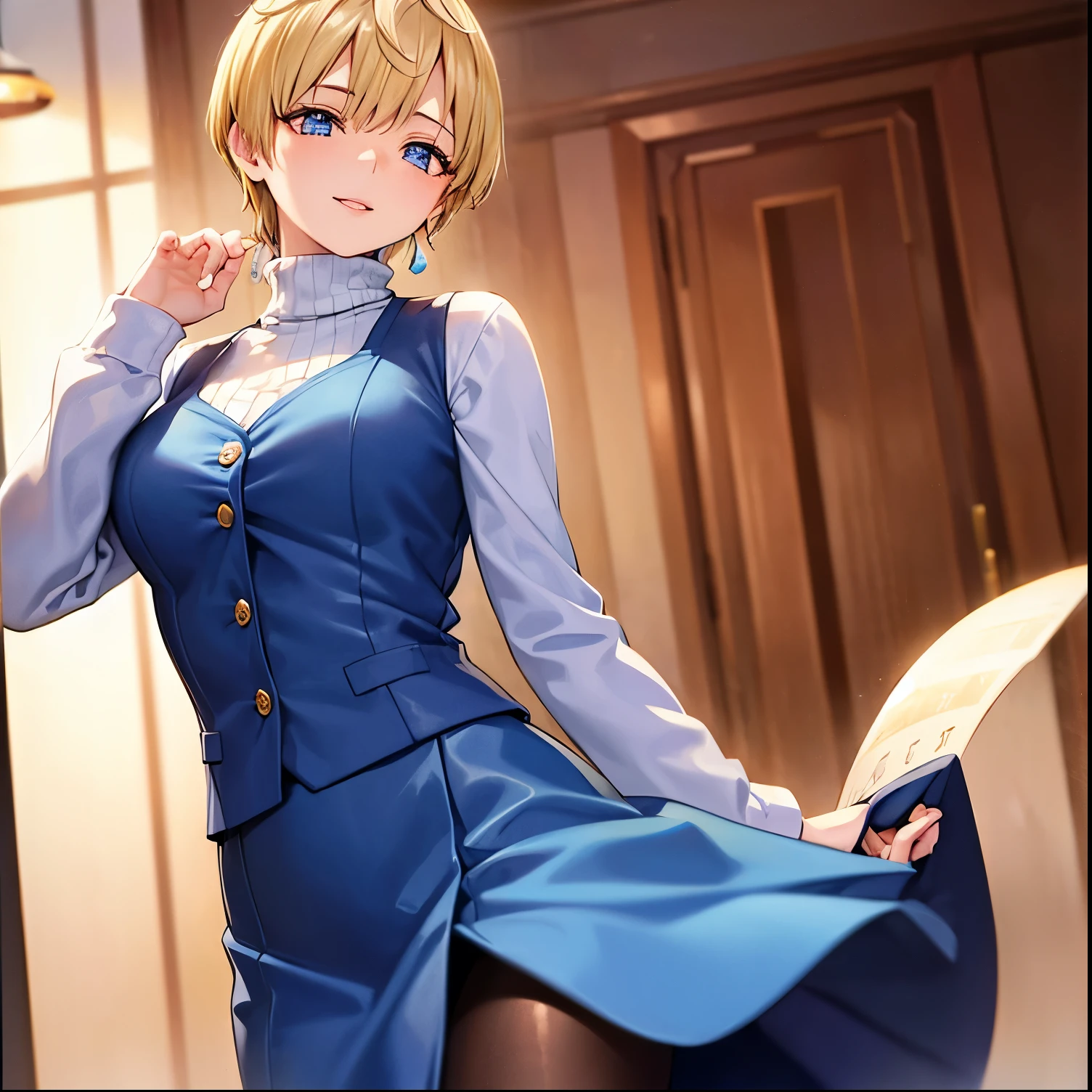 1girl,alone,tenka izumo, short hair, blue eyes, blonde hair, smile,
 skirt, long sleeves, jewelry, pantyhose, earrings, vest, sweater, turtleneck, turtleneck sweater,
 indoors, bed, looking at viewer, (cowboy shot:1.5), (masterpiece:1.2), best quality, high resolution, unity 8k wallpaper, (illustration:0.8), (beautiful detailed eyes:1.6), extremely detailed face, perfect lighting, extremely detailed CG, (perfect hands, perfect anatomy),