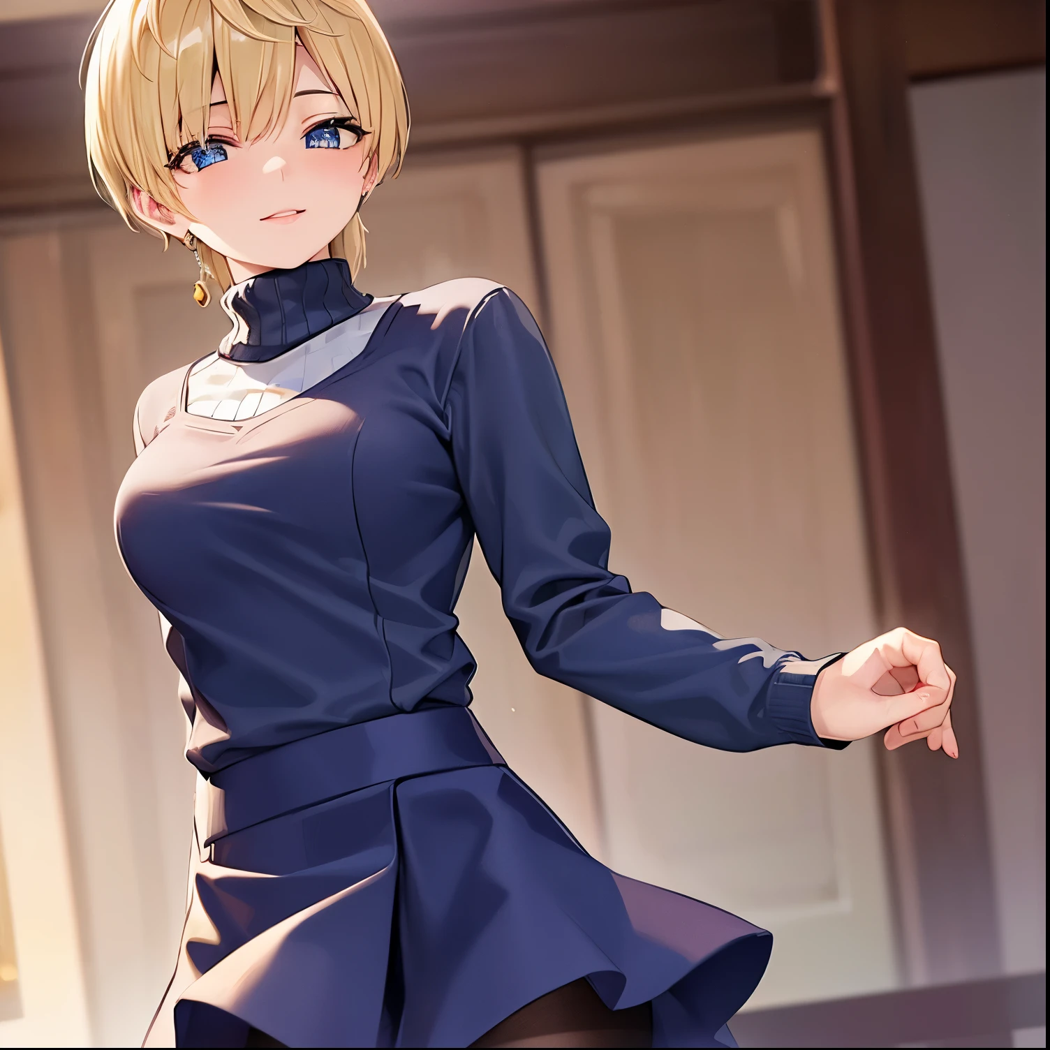 1girl,alone,tenka izumo, short hair, blue eyes, blonde hair, smile,
 skirt, long sleeves, jewelry, pantyhose, earrings, vest, sweater, turtleneck, turtleneck sweater,
 indoors, bed, looking at viewer, (cowboy shot:1.5), (masterpiece:1.2), best quality, high resolution, unity 8k wallpaper, (illustration:0.8), (beautiful detailed eyes:1.6), extremely detailed face, perfect lighting, extremely detailed CG, (perfect hands, perfect anatomy),