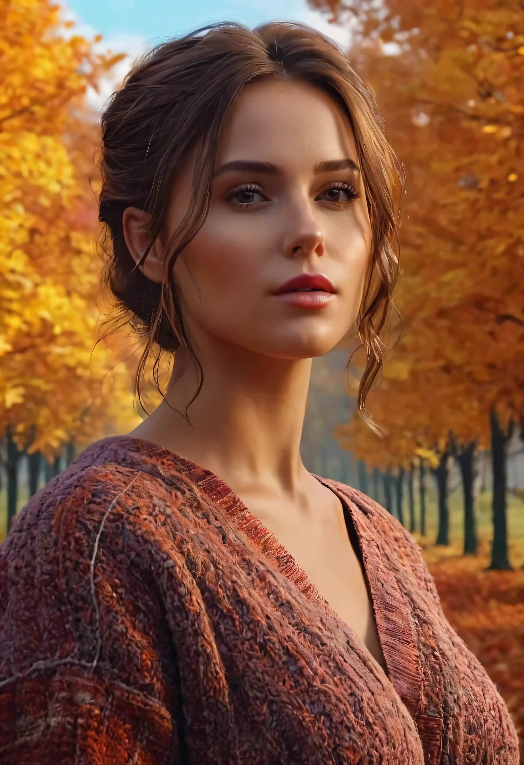 create an image demonstrating the style of ((Christian Girl Autumn)) style, hyper realism, 8k high definition, vibrant colors, sharp focus, insanely detailed, enormous Tits