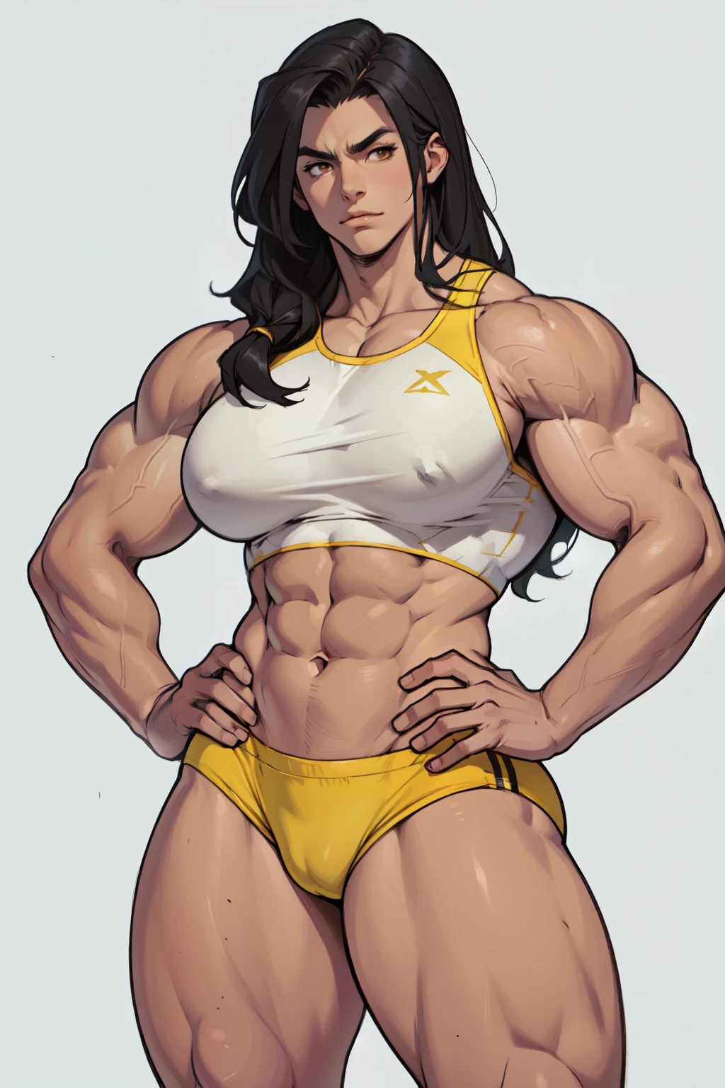 (((1girl bodybuilder muscular curvy wide hips thick thighs huge breasts female))) pale skin black hair very long hair yellow eyes long abs dark atmosphere grey background