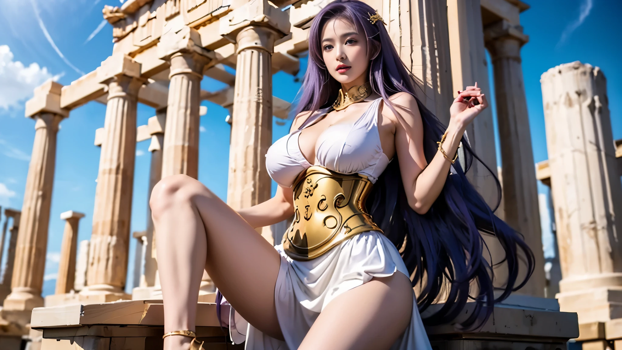 full body display,((Sasha, Greek temple,long purple hair, White dress with gold embroidery edges, golden collar, short skirt ,sleeveless, bare shoulders, clavicle, gold accessories, corset)), 1 girl, perfect asian goddess,detailed facial features,Stunning supreme beauty,solemn,(from below:1.3)(best quality, actual), fair skin and seductive eyes, full body display，1 girl, alone,(((asian goddess+huge breasts+Raised sexy+supermodel+long legs+delicate skin+perfect face))), (best quality at best+Ultra high quality+ masterpiece+precise+anatomically correct+Ultra-detailed+high detail+ high quality+Award-winning+high resolution+best quality+Award-winning+8k)，[[[[extra hands]]]]