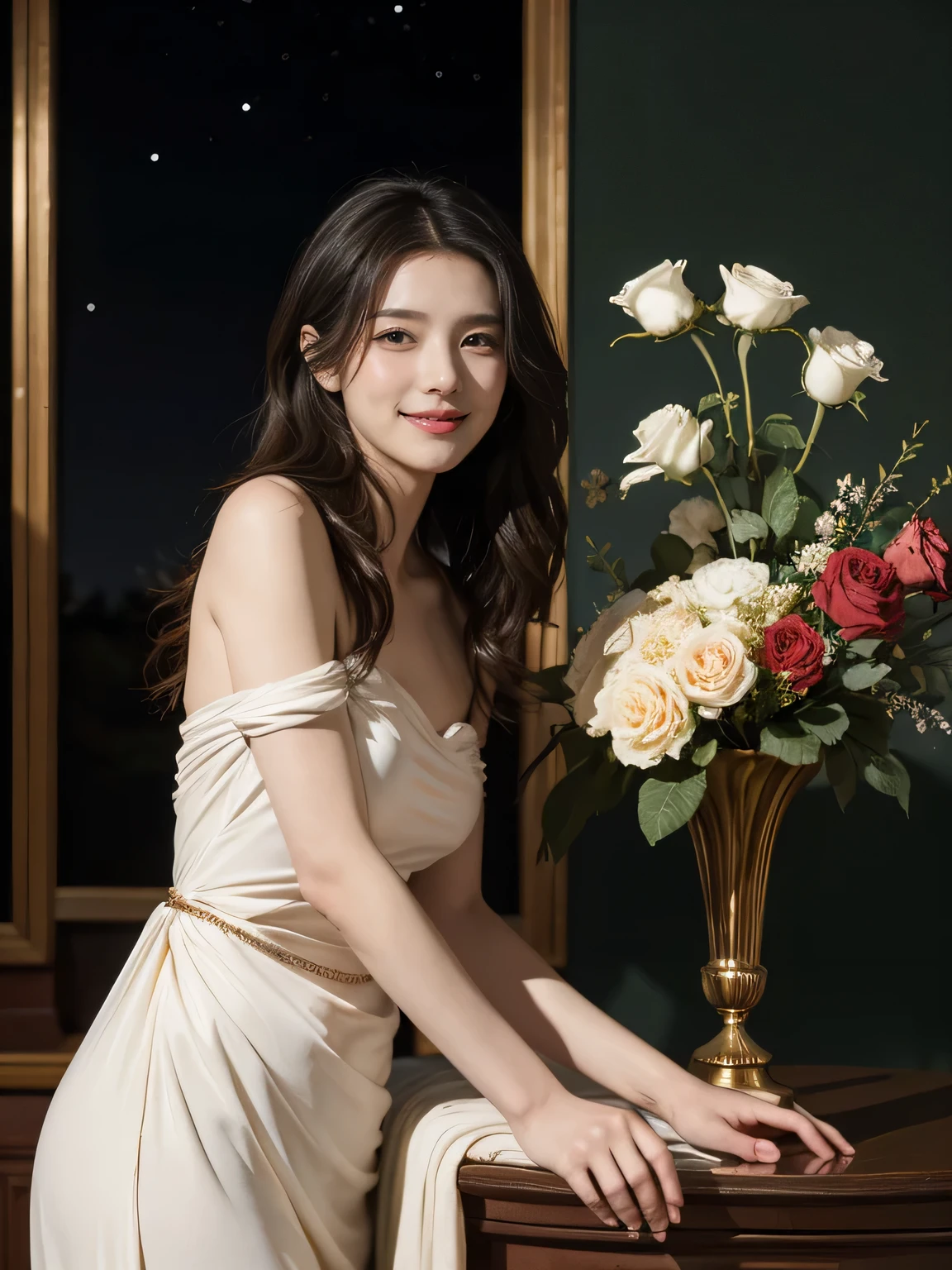 Jacques-Louis David painting style,Arguments of two female Philosophe,math、astronomical machine、astronaut、roses in vase、fruits、Cute trinkets、smile、ancient greek costume、Background is a forest lake at night 、Clothes that stretch your shoulders、A big smile、beautiful bare skin、A detailed representation of the seducing woman throughout her body.