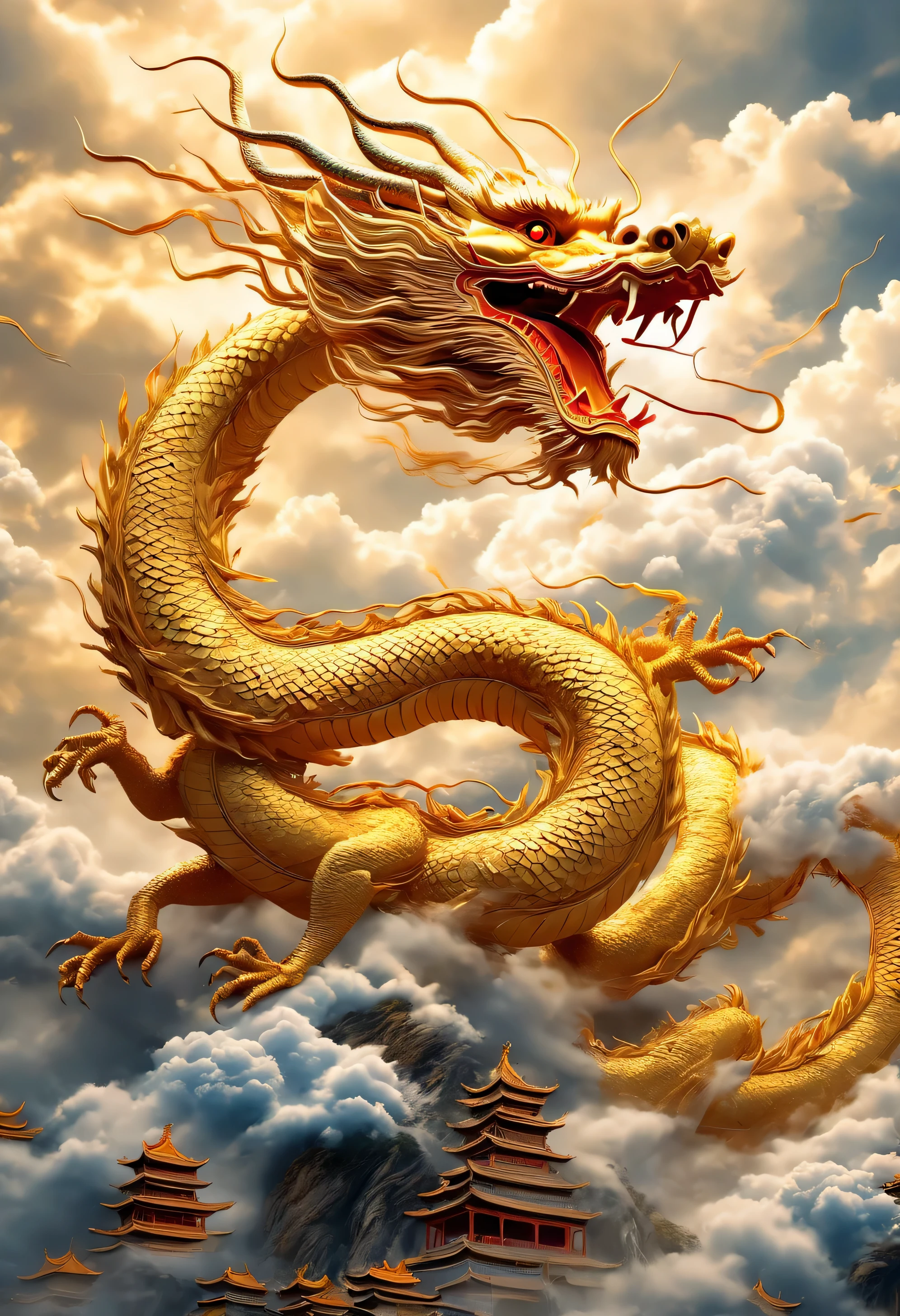 (Best quality,Masterpiece, Intricate,Ultra detail,Realistic,RAW photo,8K  UHD,ultra high resolution,Photorealistic style,Cinematic scenes, Sharp focus,Dramatic lighting,extremely detailed CG unity wallpaper) ,Golden Chinese dragon,Chinese dragon in the clouds