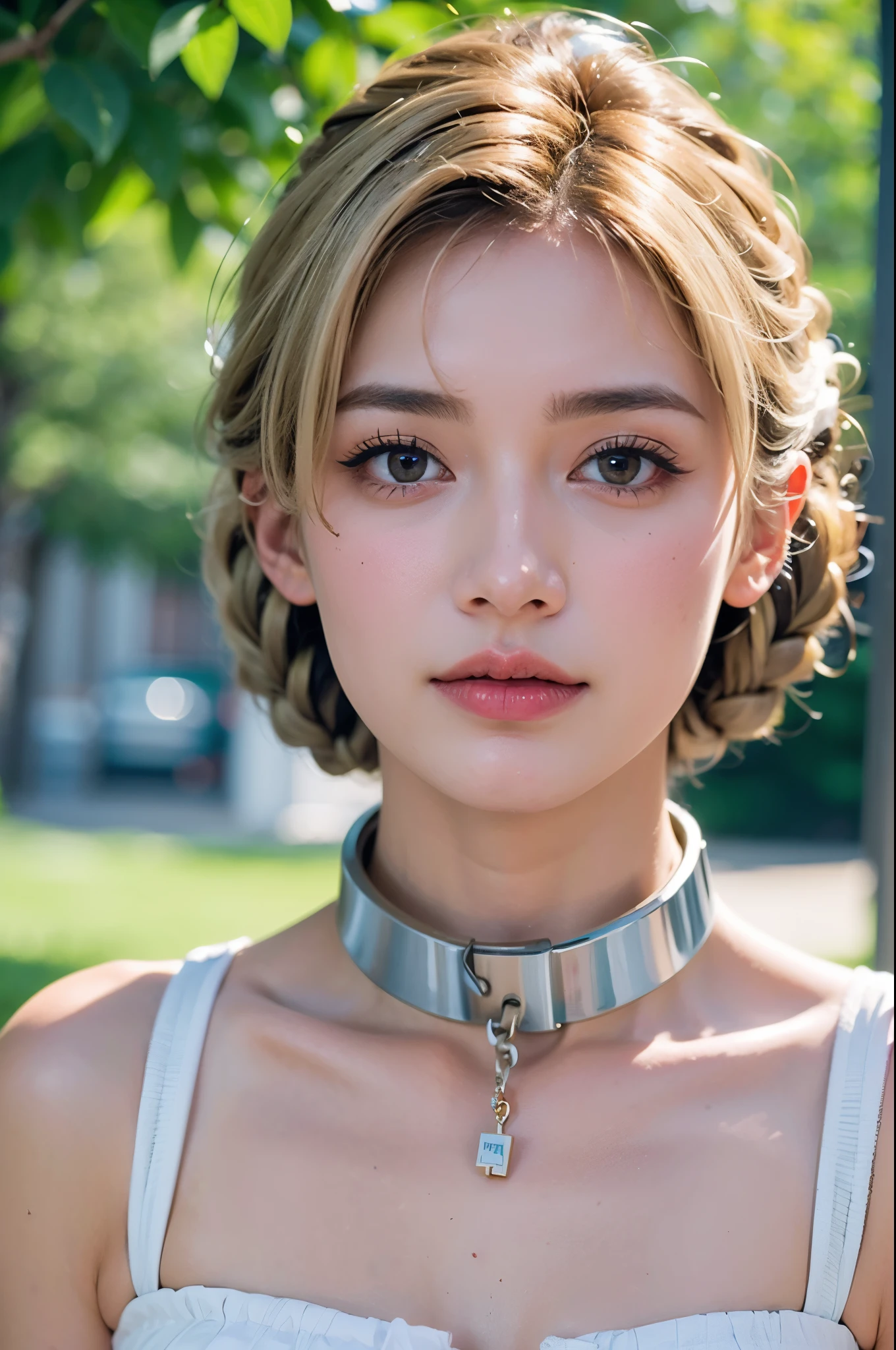 sheffield, yellow eyes, short hair, blonde hair, bangs, hair over one eye, braid, ribbon, metal collar, cross