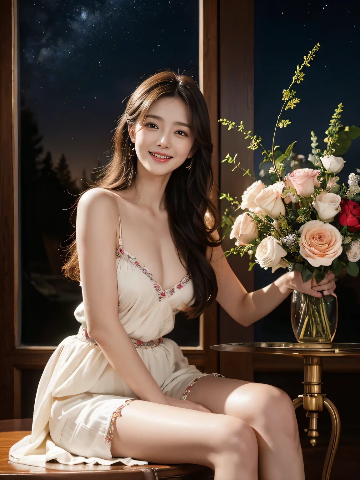 Jacques-Louis David painting style,Arguments of two female Philosophe,math、astronomical machine、astronaut、roses in vase、fruits、Cute trinkets、smile、ancient greek costume、Background is a forest lake at night 、Clothes that stretch your shoulders、A big smile、beautiful bare skin、A detailed representation of the seducing woman throughout her body.