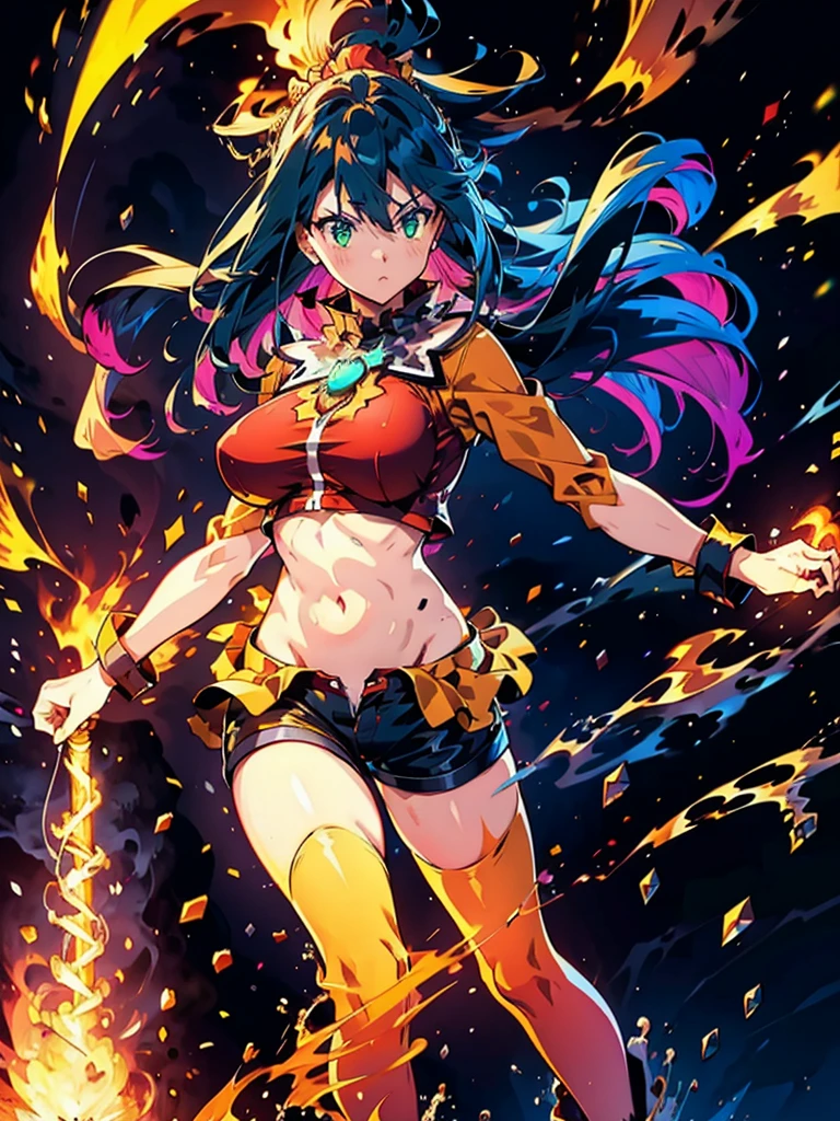 1 girl, alone, Full body, sexy body, WINGS ON HER BACK, FIRE WINGS, belly showing, Big Breasts, long hair, Full HD quality, black hair with NEON RED highlights, Bangs between eyes, neon green eyes, face sexy, short jacket, slightly open jacket, Navel, Navel exposed, short shorts, Slightly open, fire element coming out of his hands, fire element in his hand, Full HD quality, ELEMENTAL FIRE AURA AROUND THE BODY