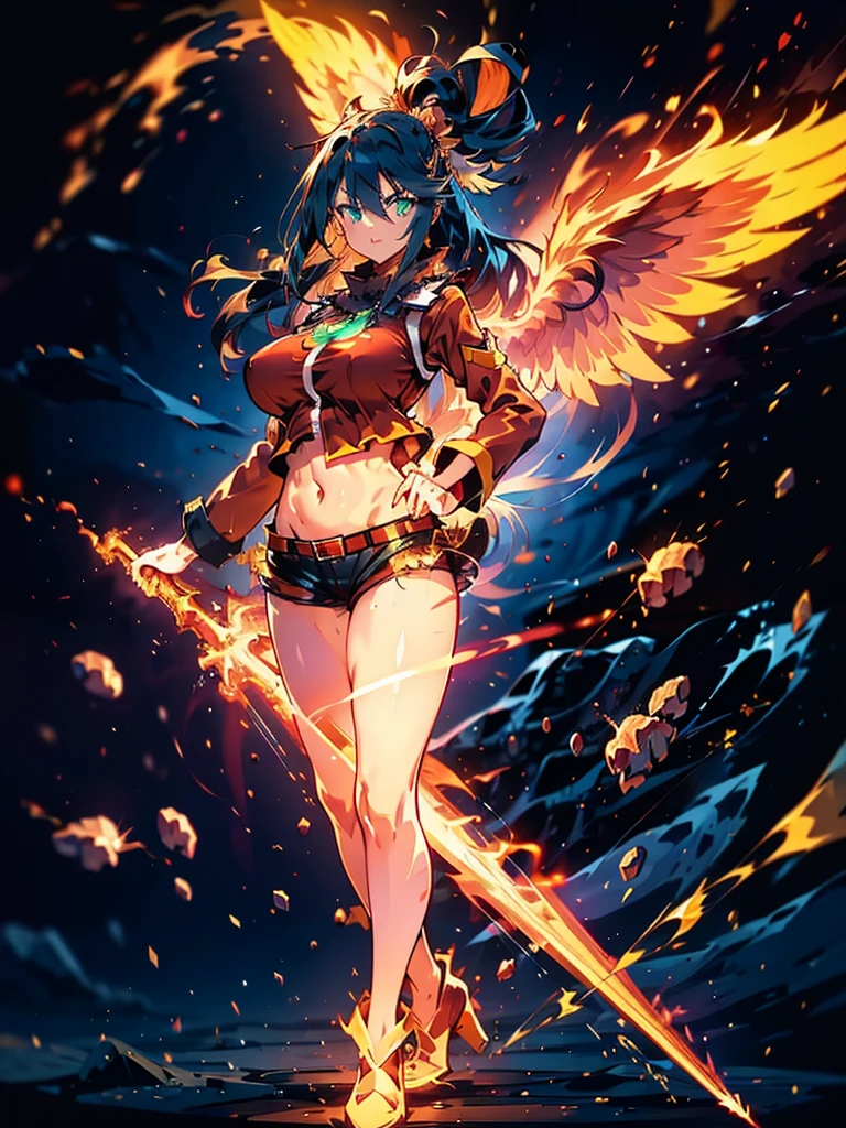 1 girl, alone, Full body, sexy body, WINGS ON HER BACK, FIRE WINGS, belly showing, Big Breasts, long hair, Full HD quality, black hair with NEON RED highlights, Bangs between eyes, neon green eyes, face sexy, short jacket, slightly open jacket, Navel, Navel exposed, short shorts, Slightly open, fire element coming out of his hands, fire element in his hand, Full HD quality, ELEMENTAL FIRE AURA AROUND THE BODY