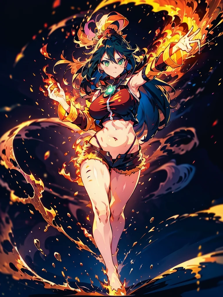 1 girl, alone, Full body, sexy body, WINGS ON HER BACK, FIRE WINGS, belly showing, Big Breasts, long hair, Full HD quality, black hair with NEON RED highlights, Bangs between eyes, neon green eyes, face sexy, short jacket, slightly open jacket, Navel, Navel exposed, short shorts, Slightly open, fire element coming out of his hands, fire element in his hand, Full HD quality, ELEMENTAL FIRE AURA AROUND THE BODY