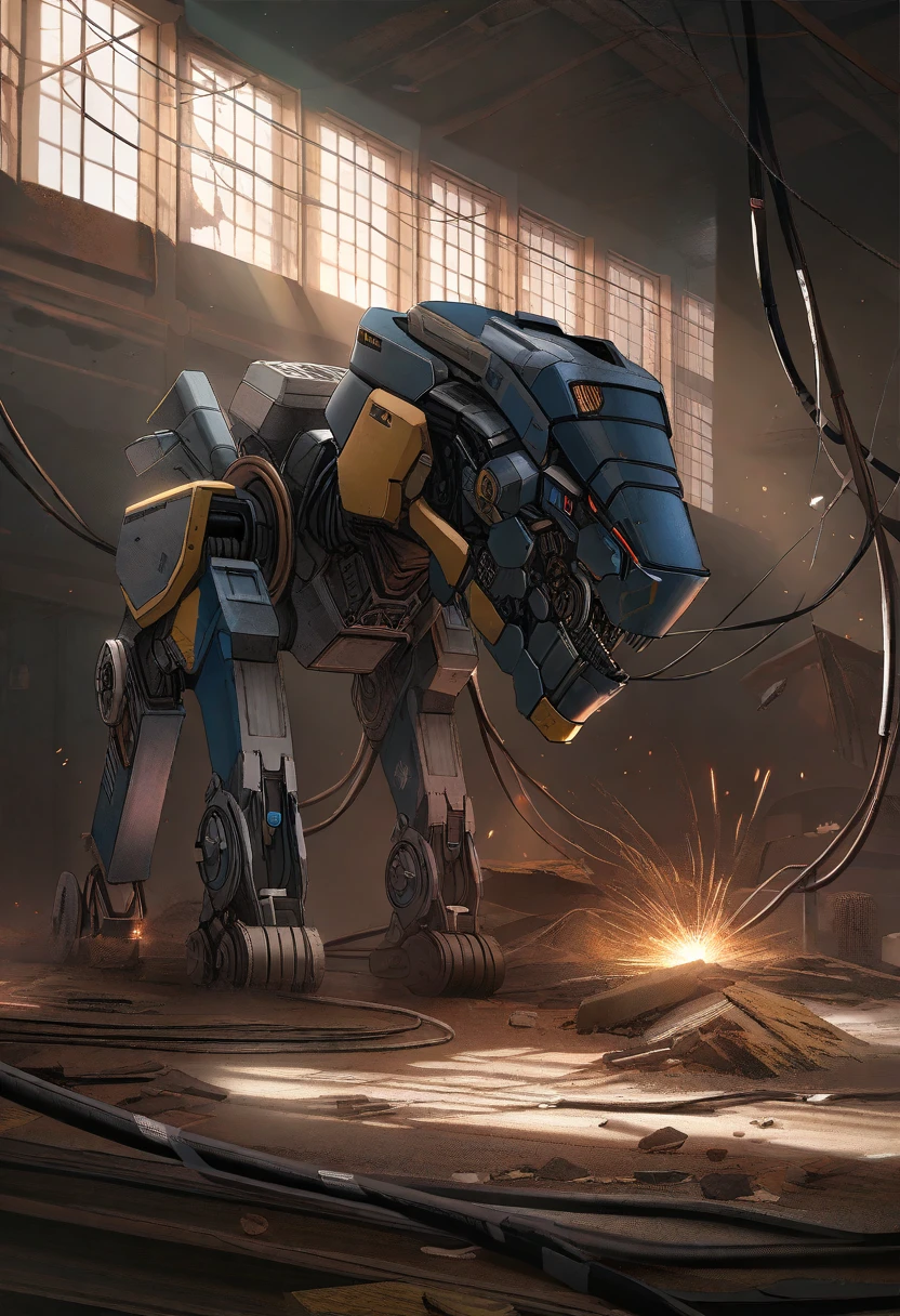 lion mecha, by nixeu, cables, spark, mechanical part, abandoned, (amazing quality), rusty dusty, spider web, indoor, dark room, bad condition mech, (masterpiece art)