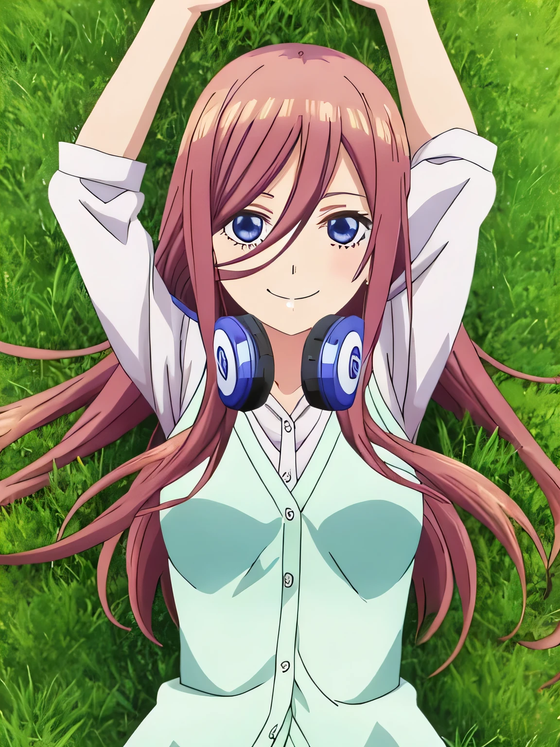 solo, 1girl, looking at viewer, 2D, anime, anime coloring, high quality solo, cowboy shot, lying, on back, on grass, spread arms, shy smile, arms up, closed mouth, miku nakano, cardigan, headphones around neck, looking at viewer, smile