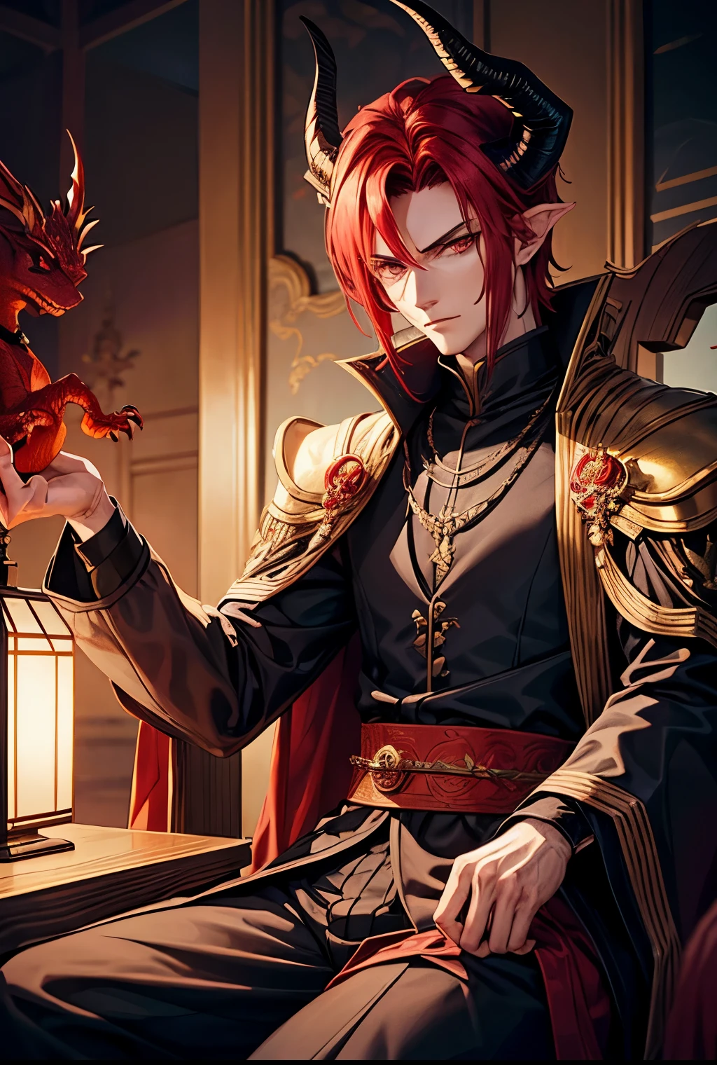 a man sitting in a chair with a dragon on his shoulder,red hair, Maccarone eyes, horns, handsome guy in demon slayer art, beautiful androgynous prince, human and dragon fusion, handsome japanese demon boy, delicate androgynous prince