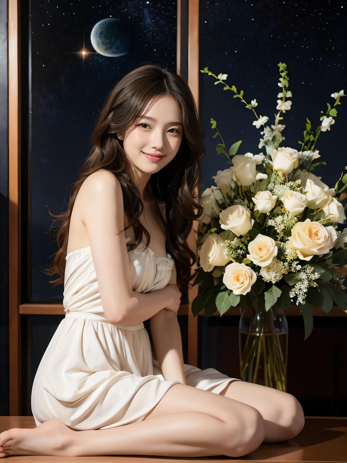 full body portrait or statue、Stained glass、12 constellations、Vigée Leblanc style、math、astronomical machine、astronaut、roses in vase、fruit、Cute trinkets、smile、ancient greek costume、Sandro Botticelli paintings、Costume that stretches your shoulders、A big smile、expression of ecstasy、sexy、beautiful bare skin、Detailed representation of the seducing woman throughout the body