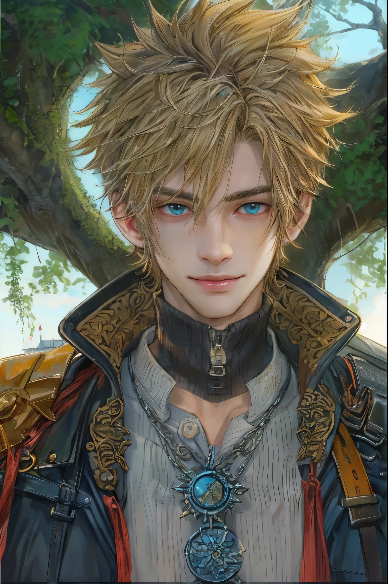 ((absurdres, highres, ultra detailed, perfect face), 1 male , front view, , handsome boy villain character from Final Fantasy VII, short hair, anime eyes, casual clothes with colorful details, eyes on the viewer, add red details to picture and smirk, dimples, extremely detailed CG unity 8k wallpaper, add blue details on side, intricate details and add yellow details on left, house under a giant tree background, detailed houses town scenery from a far view,