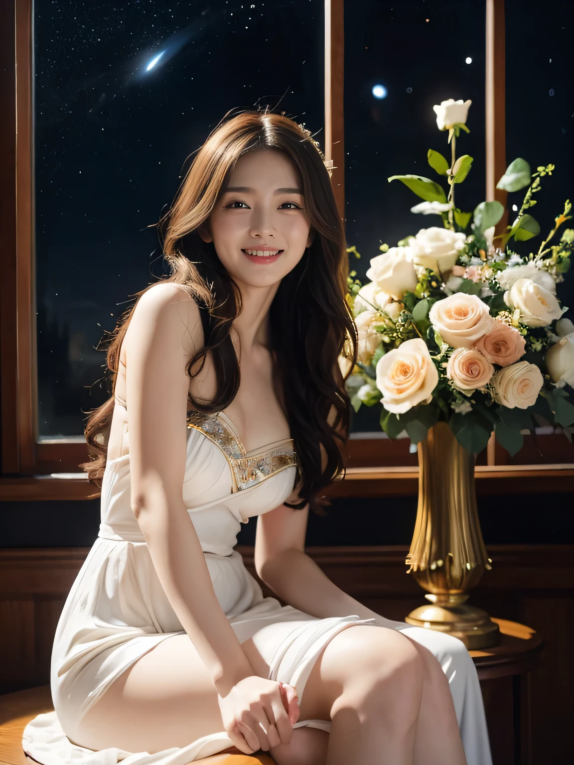 full body portrait or statue、Stained glass、12 constellations、Vigée Leblanc style、math、astronomical machine、astronaut、roses in vase、fruit、Cute trinkets、smile、ancient greek costume、Sandro Botticelli paintings、Costume that stretches your shoulders、A big smile、expression of ecstasy、sexy、beautiful bare skin、Detailed representation of the seducing woman throughout the body
