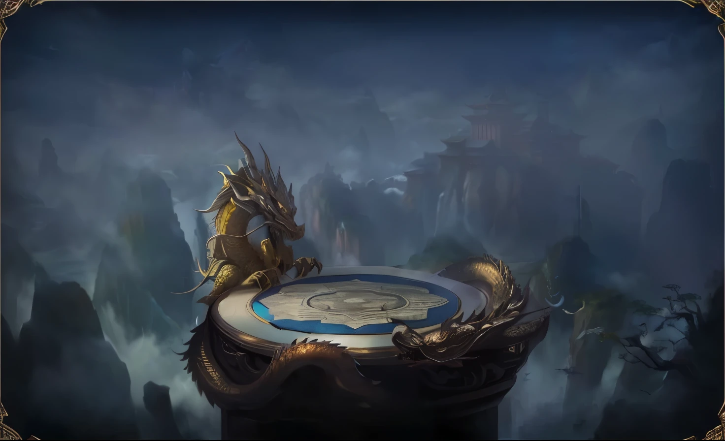 there is a dragon on a round plate in the middle of a mountain, chinese dragon concept art, inspired by Li Kan, colossal dragon in background, colossal dragon as background, loong, inspired by Huang Ding, chinese fantasy, inspired by Huang Shen, by Yang J, by Ni Yuanlu, inspired by Zhao Zuo, inspired by Hong Ren
