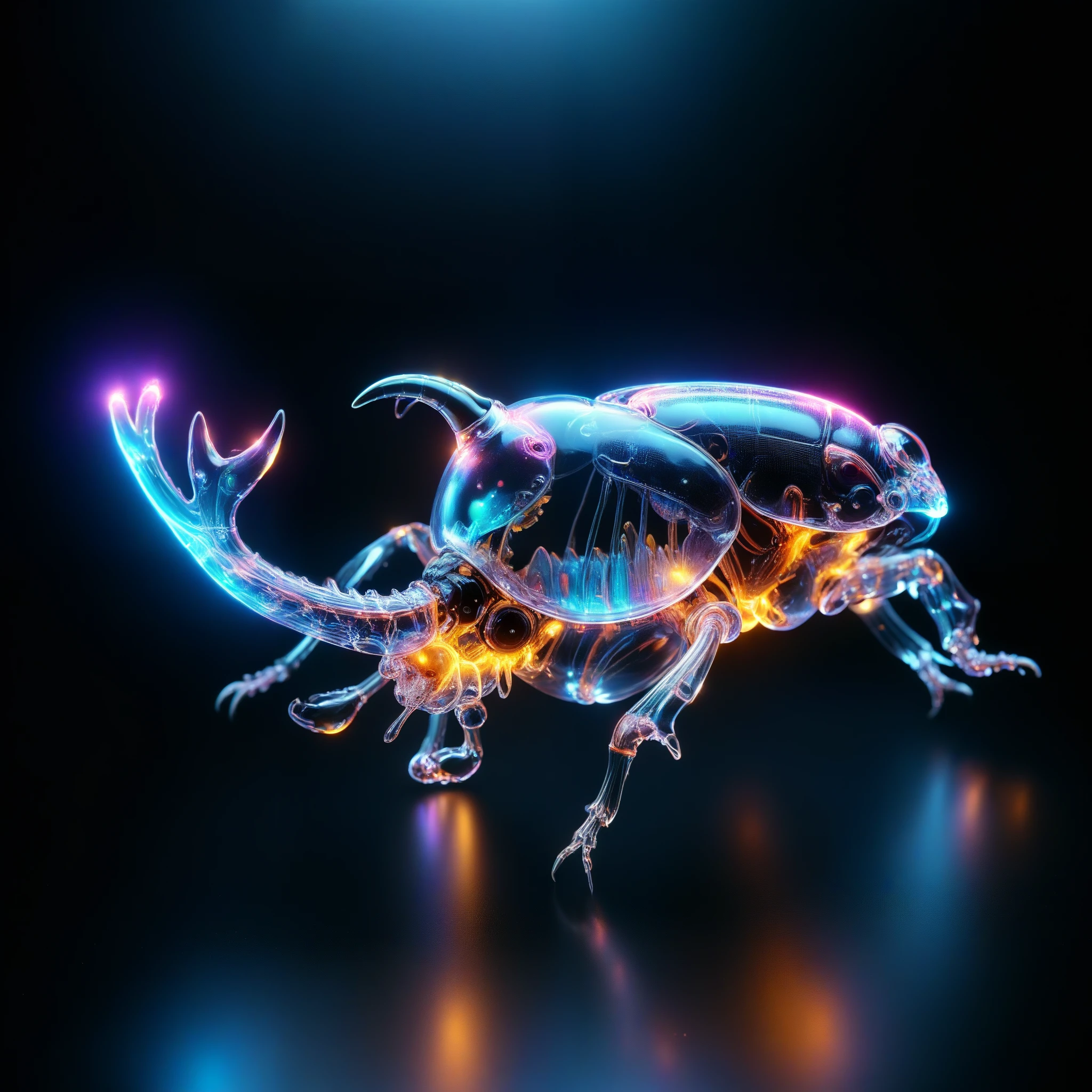 whole body, Pure black background, The combination of biology and machinery, transparent mechanical unicorn beetle, The internal structure is complex and precise, glowing neon light