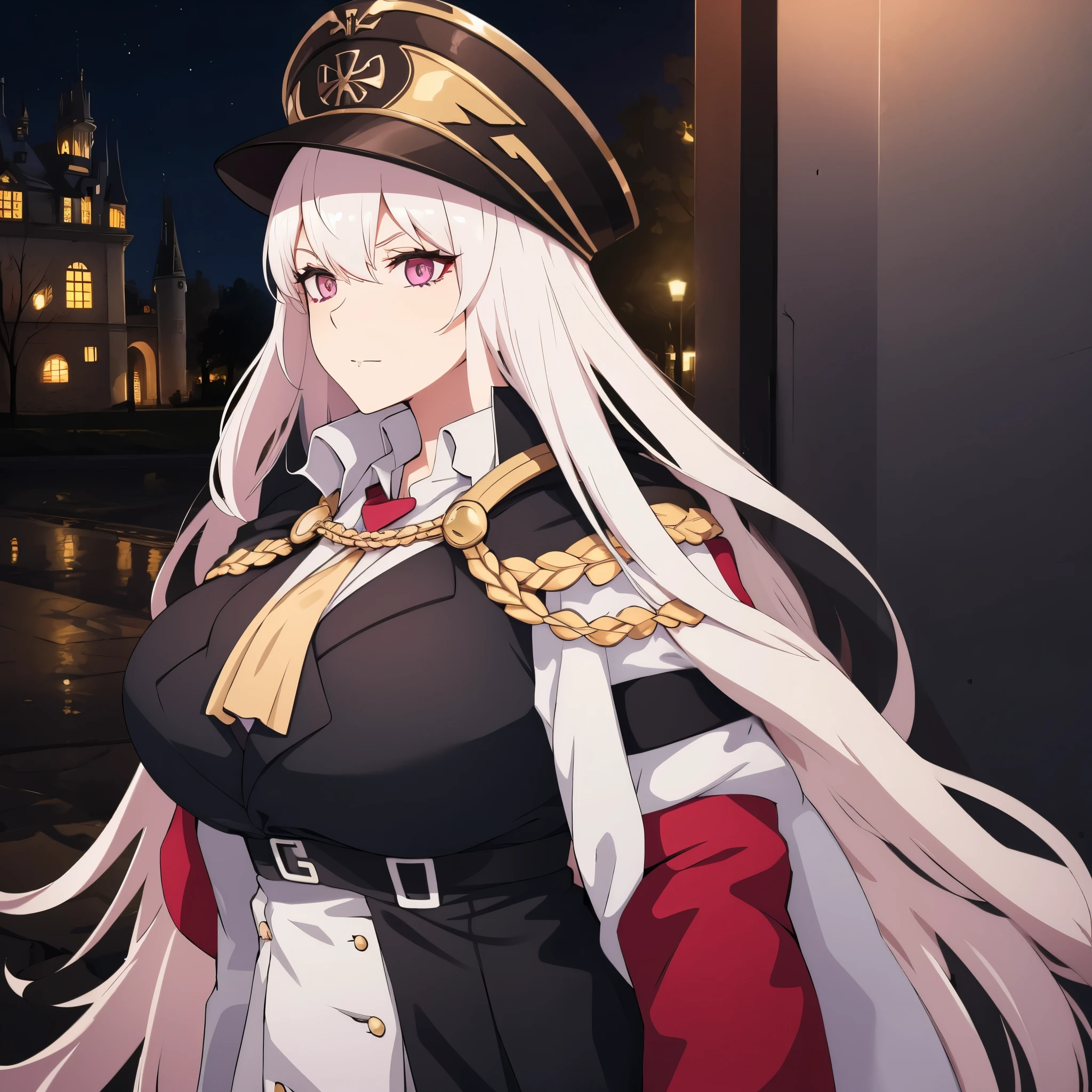 A woman with silver hair, pink eyes, wearing a black and gold military uniform, big breast, outside a German castle at night
