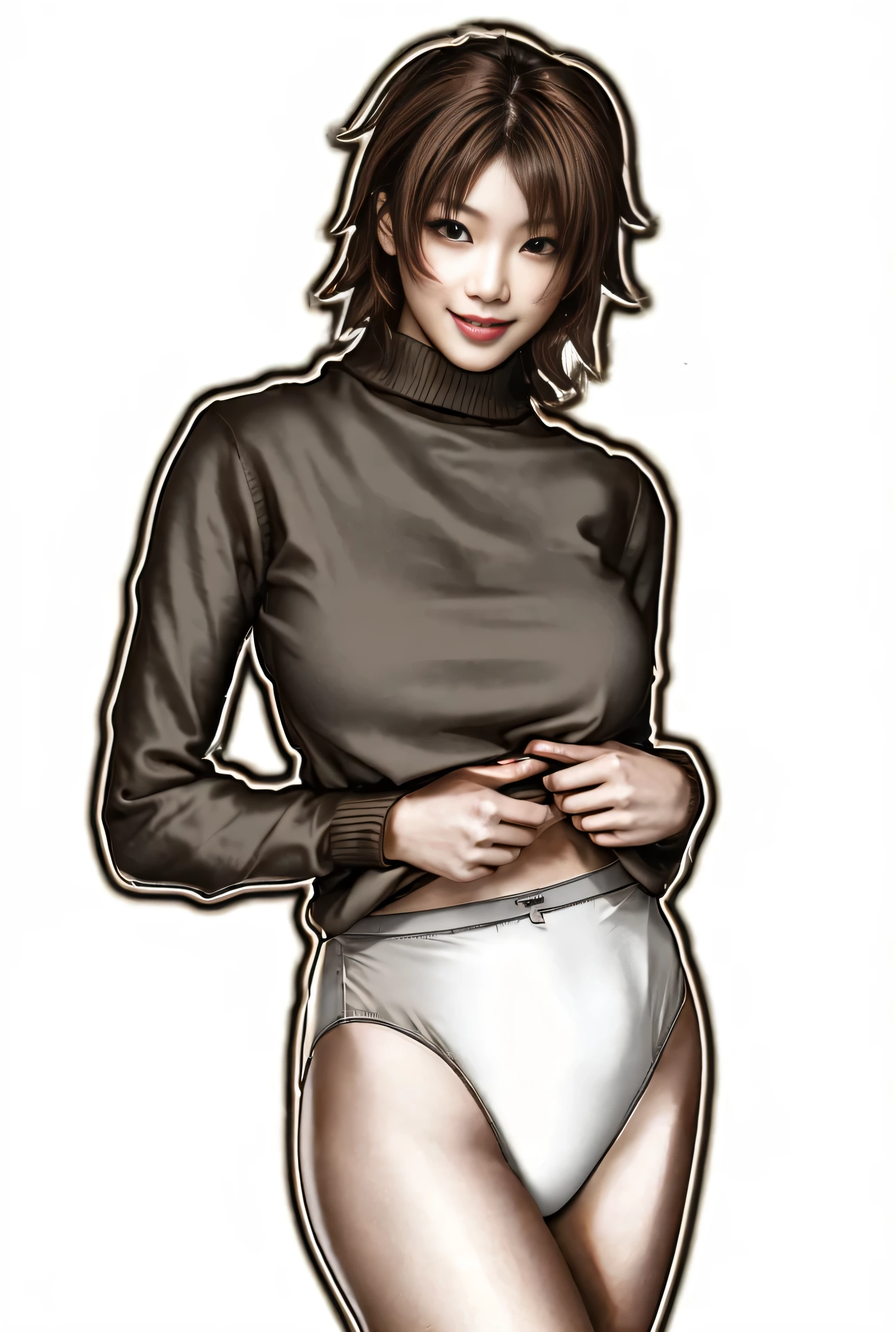 ((masterpiece, best quality)), ((34 year old)), (((Curvy))), (((Japanese woman with messy brown hair)), holding up beige sweater, to show ((white high cut panties)), (((Large Hips))), smiling, (((realistic art style)))