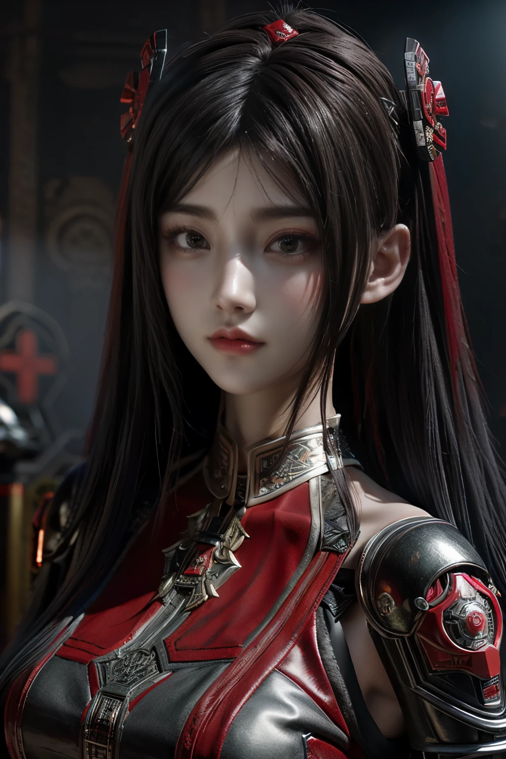 Masterpiece,Game art,The best picture quality,Highest resolution,8K,(Portrait),Unreal Engine 5 rendering works,(Digital Photography),((Portrait Feature:1.5)),
20 year old girl,Short hair details,With long bangs,(The red eye makeup is very meticulous),(With long gray hair:1.4),(Large, full breasts),Elegant and noble,Brave and charming,
(Future armor combined with the characteristics of ancient Chinese armor,Hollow design,Power Armor,The mysterious Eastern runes,A delicate dress pattern,A flash of magic),Warrior of the future,Cyberpunk figures,Background of war,
Movie lights,Ray tracing,Game CG,((3D Unreal Engine)),OC rendering reflection pattern