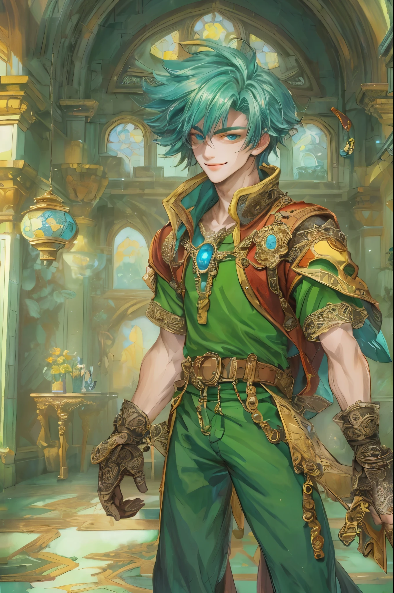 ((absurdres, highres, ultra detailed, perfect face), 1 male, front view, teen boy, handsome boy villain character from legend of mana, short hair, anime eyes, casual clothes with colorful details, eyes on the viewer, add red details to picture and smirk, dimples, extremely detailed CG unity 8k wallpaper, add blue details on side, intricate details and add yellow details on left, detailed interior item shop, weapon ornaments on walls, beside the window, detailed scenery