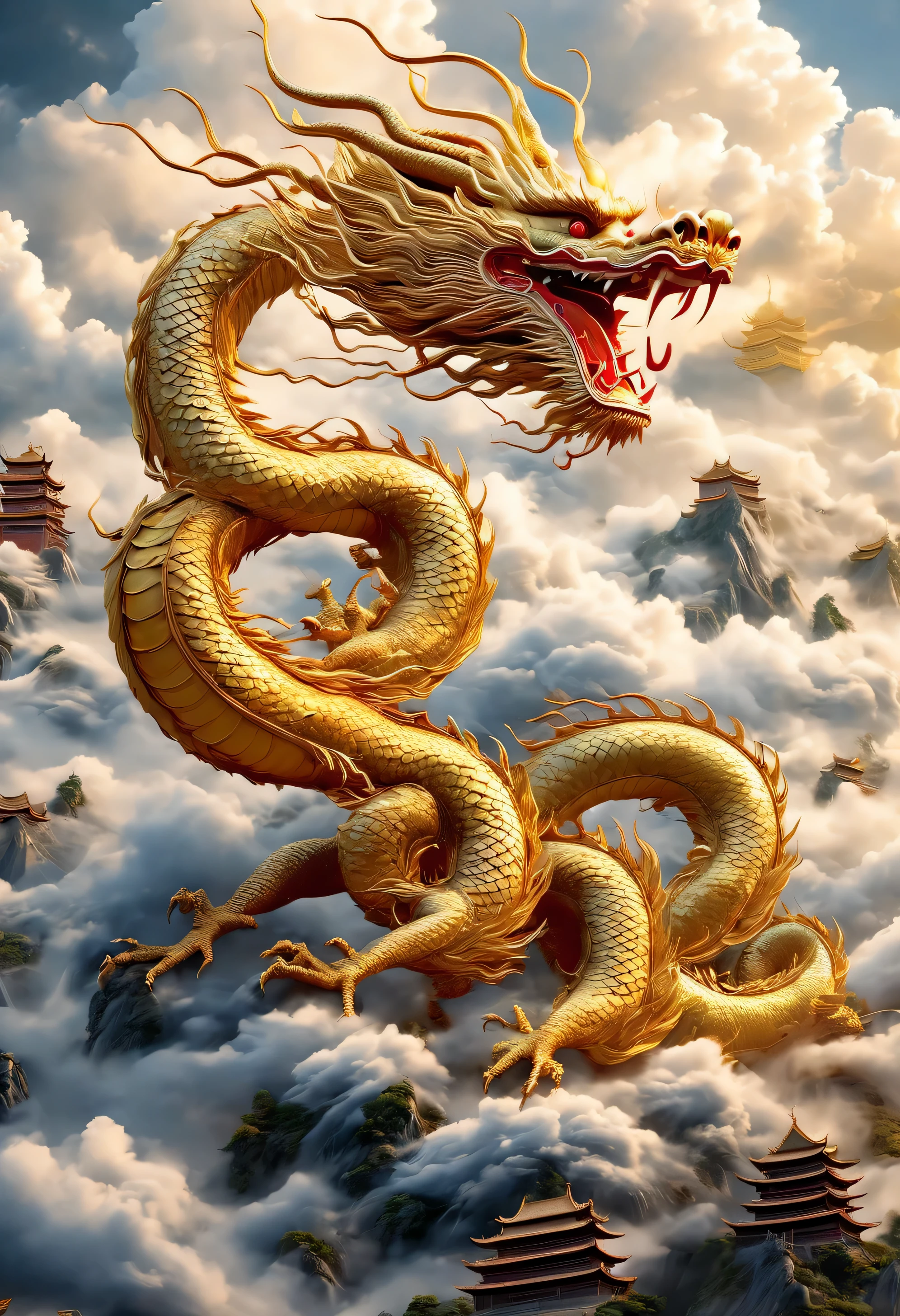 (Best quality,Masterpiece, Intricate,Ultra detail,Realistic,RAW photo,8K UHD,ultra high resolution,Photorealistic style,Cinematic scenes, Sharp focus,Dramatic lighting,extremely detailed CG unity wallpaper) ,Golden Chinese dragon,Chinese dragon in the clouds