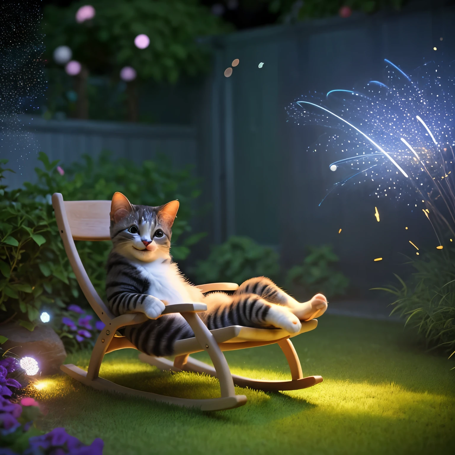 A cute cat, lying on rocking chair, happy expression, The background is the garden, dream, HD, Particle light effects.