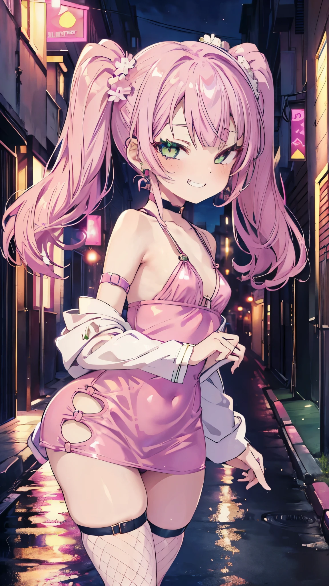 (8K、Highest image quality、highest quality、masterpiece)、detailed face、((one ))、mesugaki、pink hair、short twintails、light green eyes、evil smile、((grin))、small breasts、((pink bodycon))、shiny、cowboy shot、((Back alley background at night))